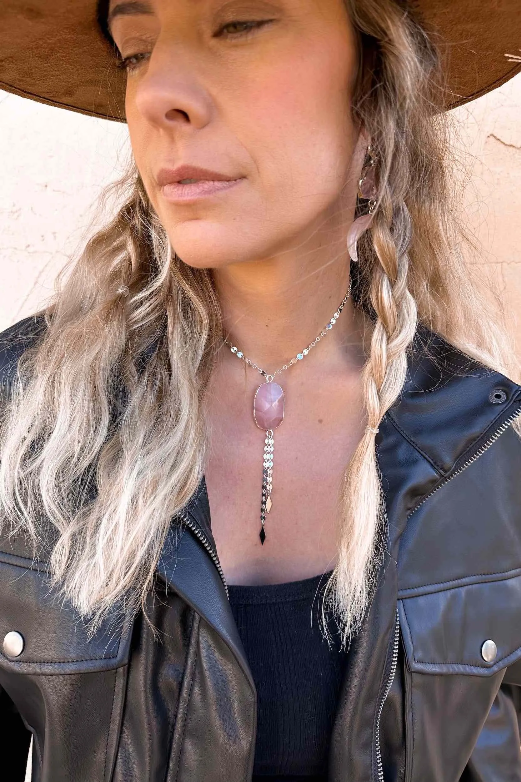 I Protect My Heart Rose Quartz Silver Lariat Necklace