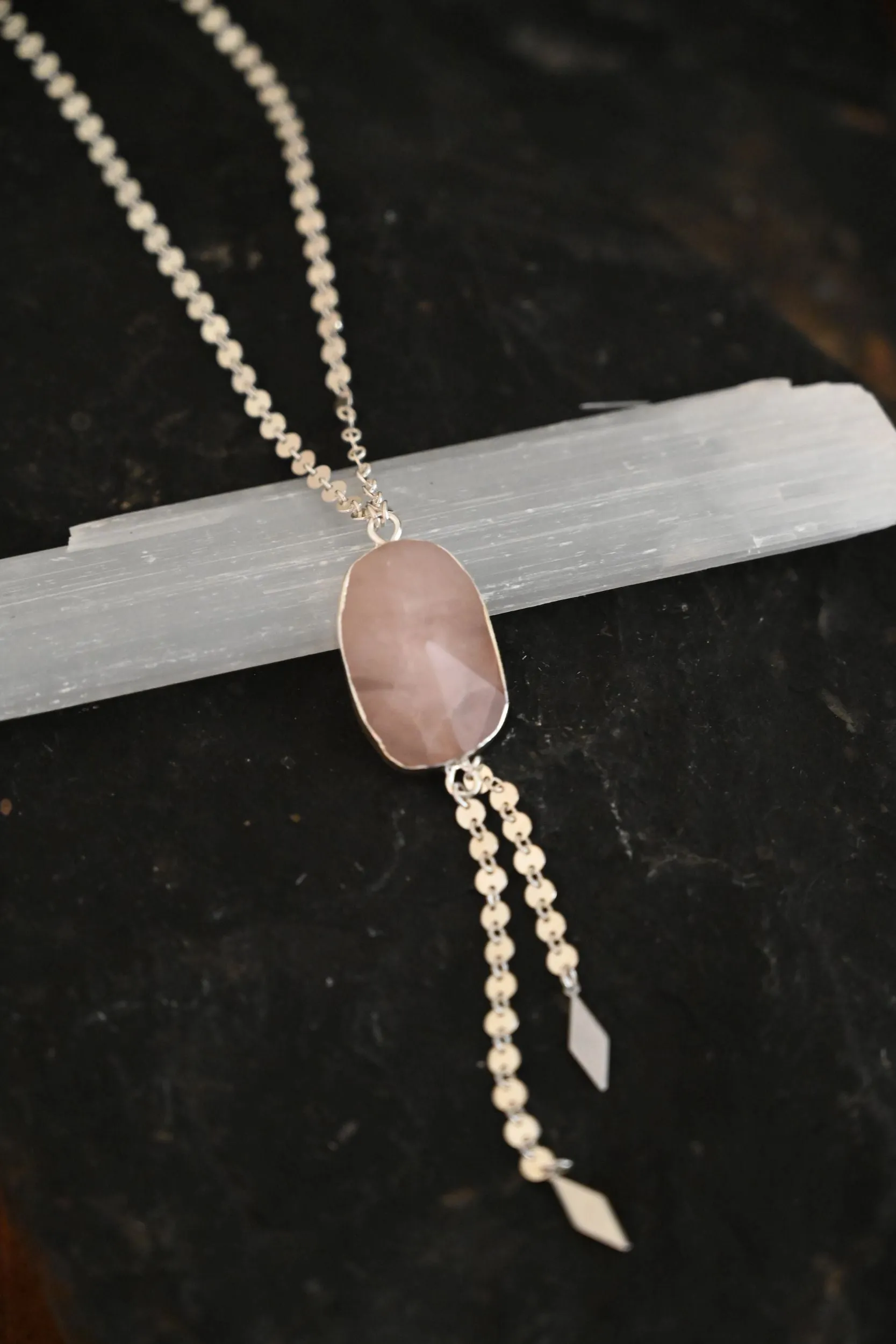 I Protect My Heart Rose Quartz Silver Lariat Necklace