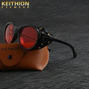 KEITHION  Retro Round Punk Steampunk Sunglasses For Men Leather Side Shield Male Sun Glasses UV400 Eyewear Red