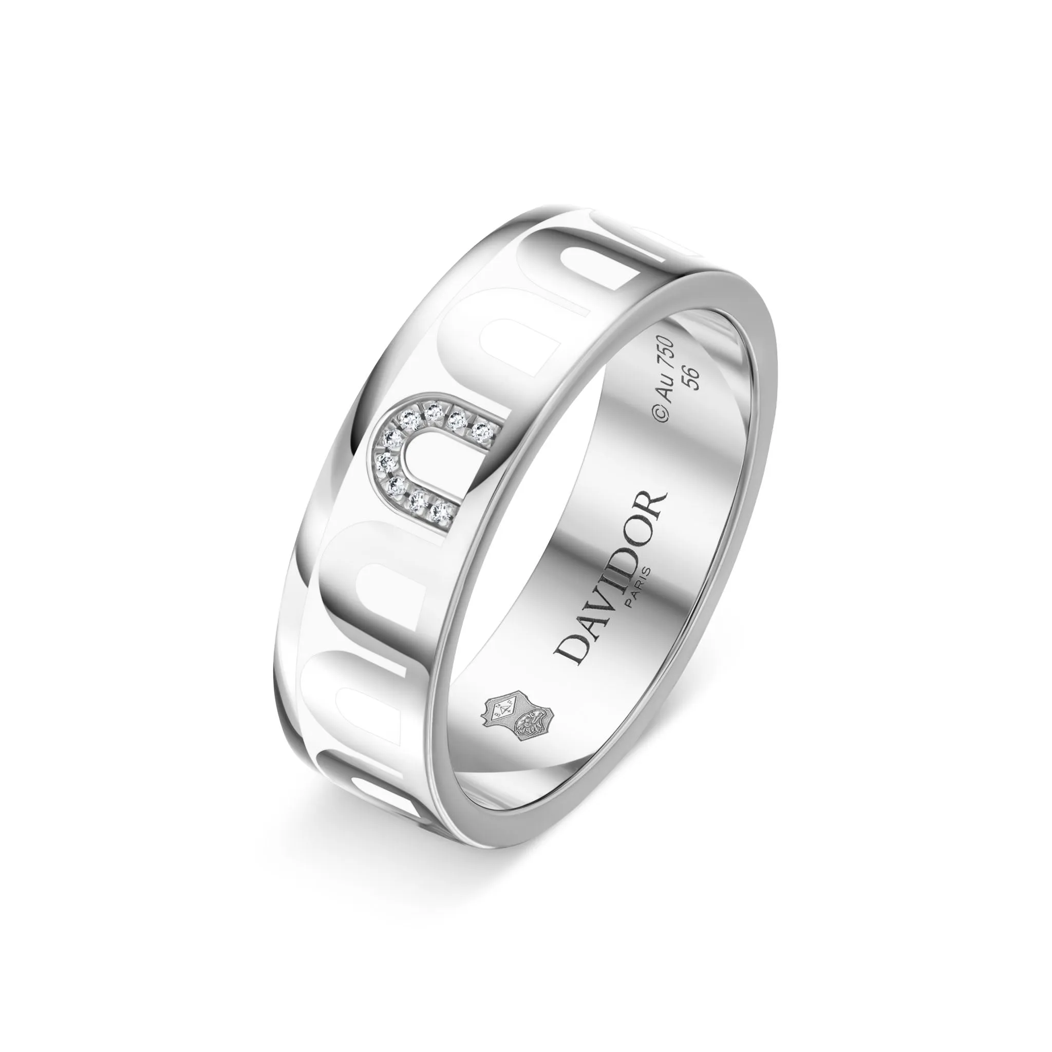 L’Arc de DAVIDOR Ring MM, 18k White Gold with Neige Lacquered Ceramic and Porta Simple Diamonds