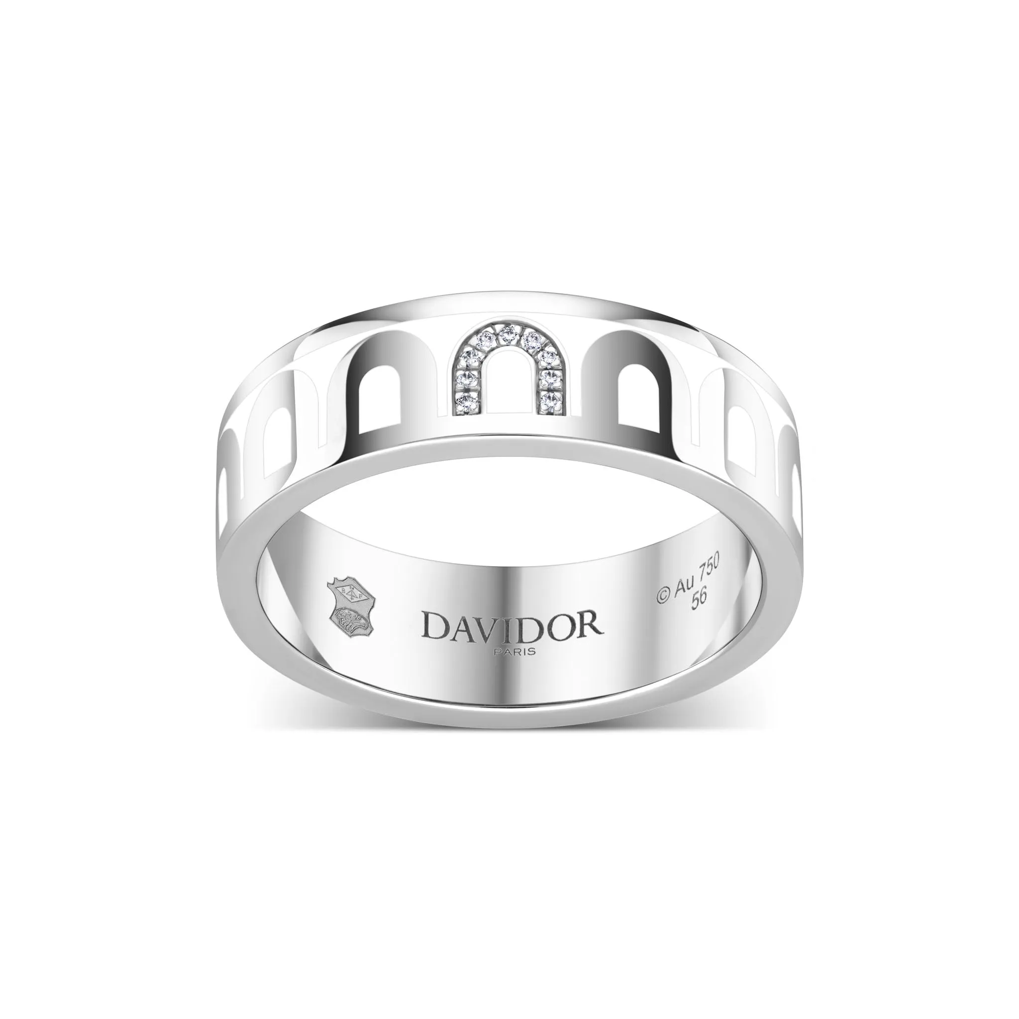 L’Arc de DAVIDOR Ring MM, 18k White Gold with Neige Lacquered Ceramic and Porta Simple Diamonds