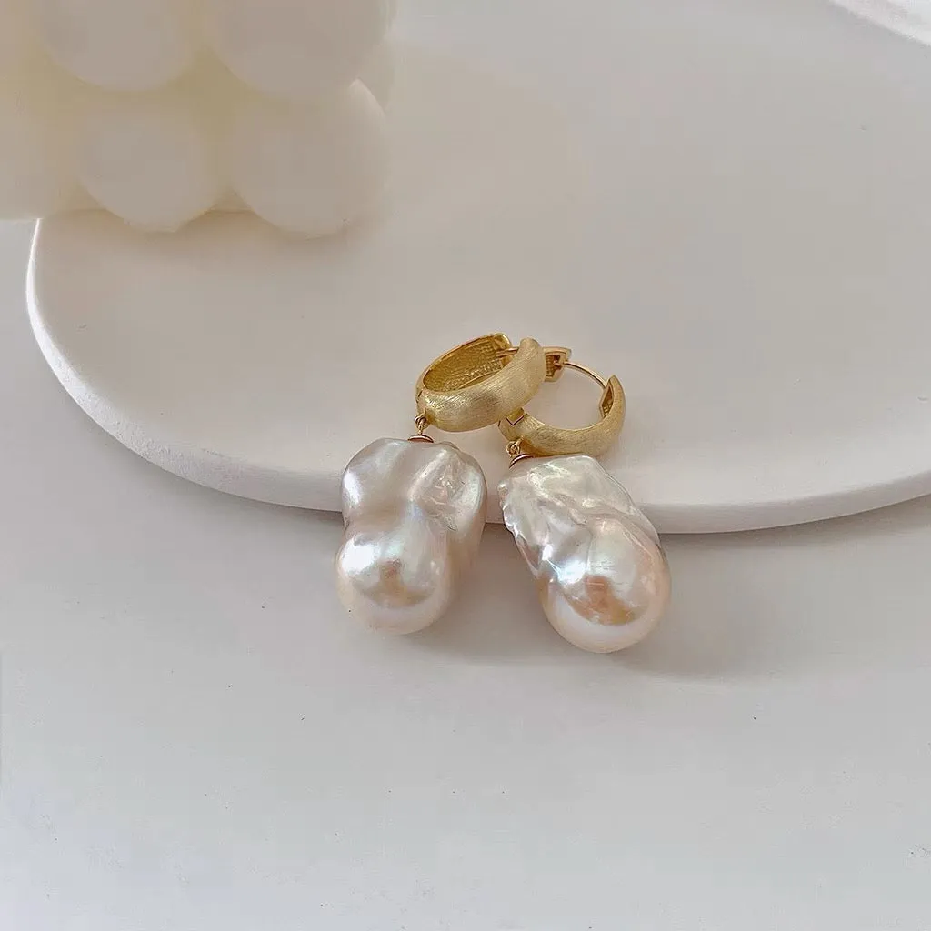 Large Hoop White Freshwater Extra Large Baroque Pearl Earrings