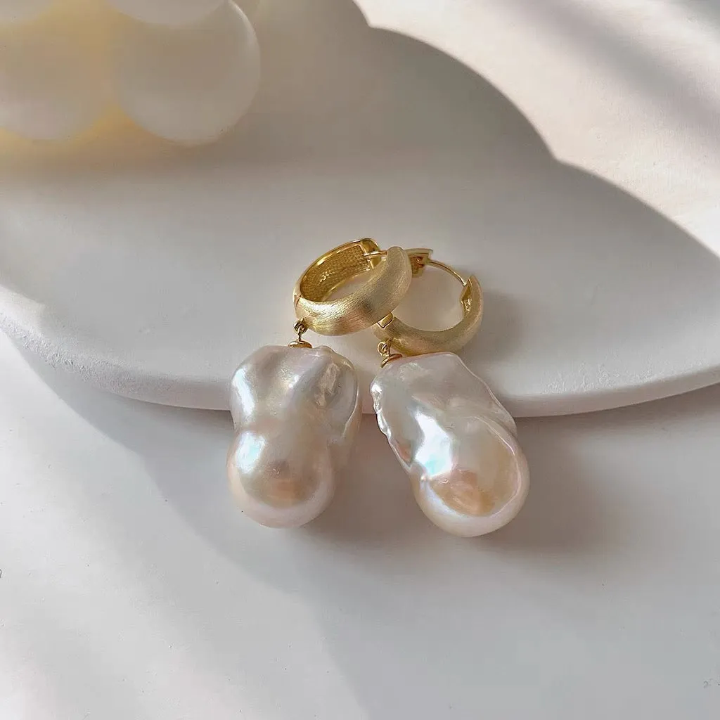 Large Hoop White Freshwater Extra Large Baroque Pearl Earrings