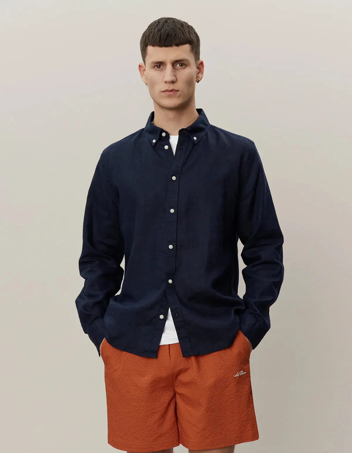 Les Deux Kristian Linen B.D. Shirt - Dark Navy