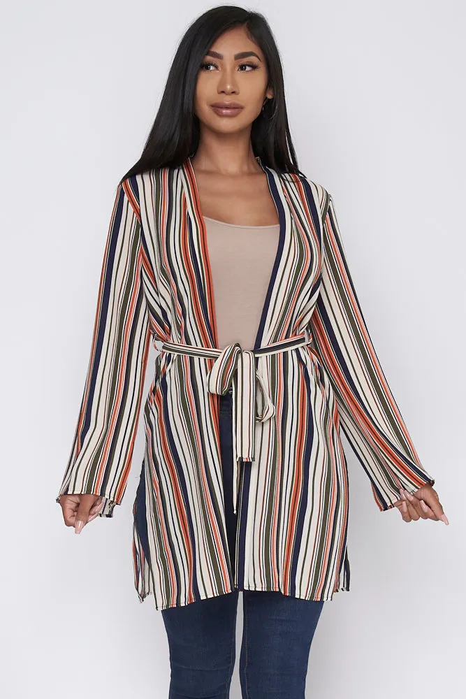 Long Sleeve Multi Color Striped Cardigan with Waist Tie (31750-CH833)