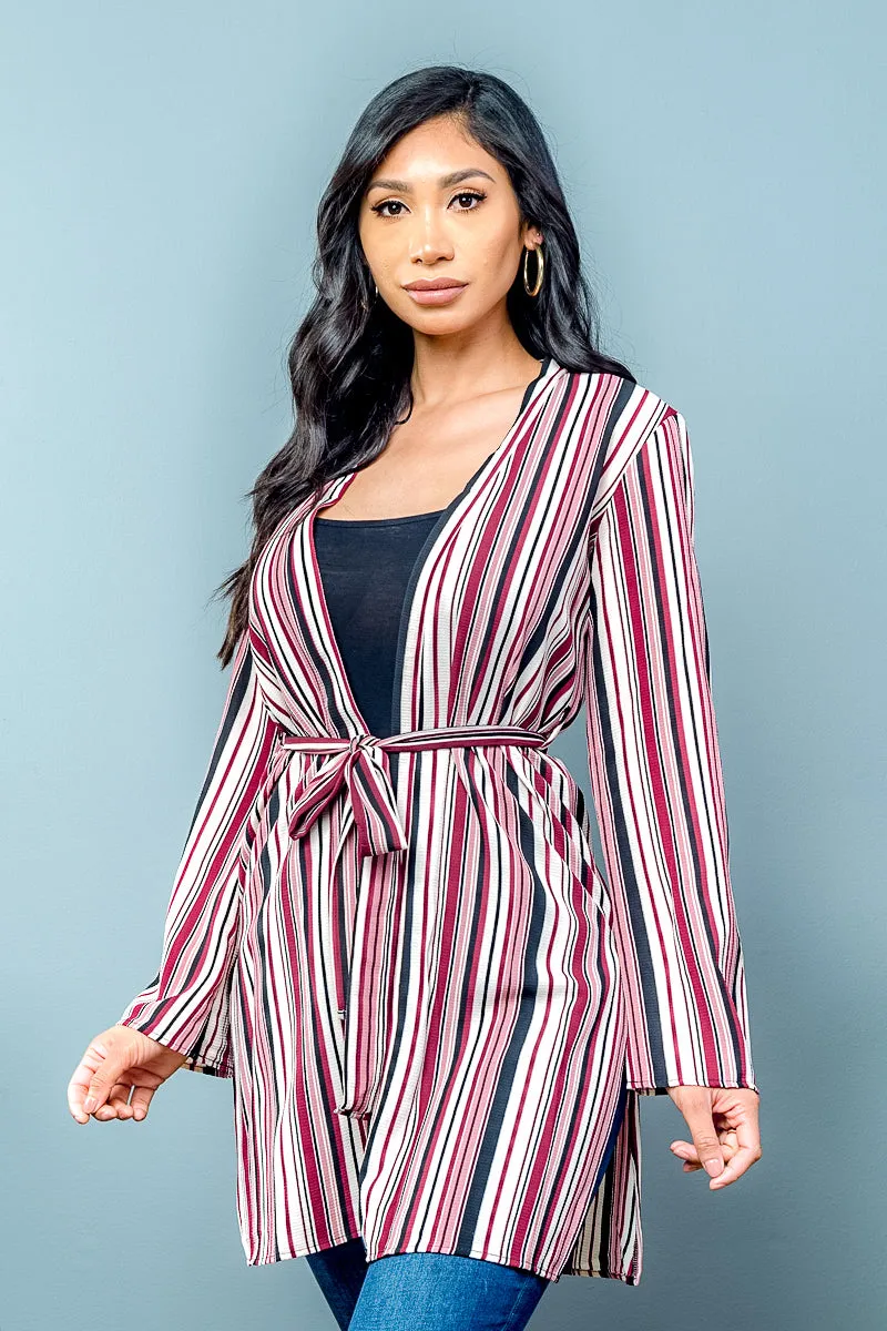 Long Sleeve Multi Color Striped Cardigan with Waist Tie (31750-CH833)