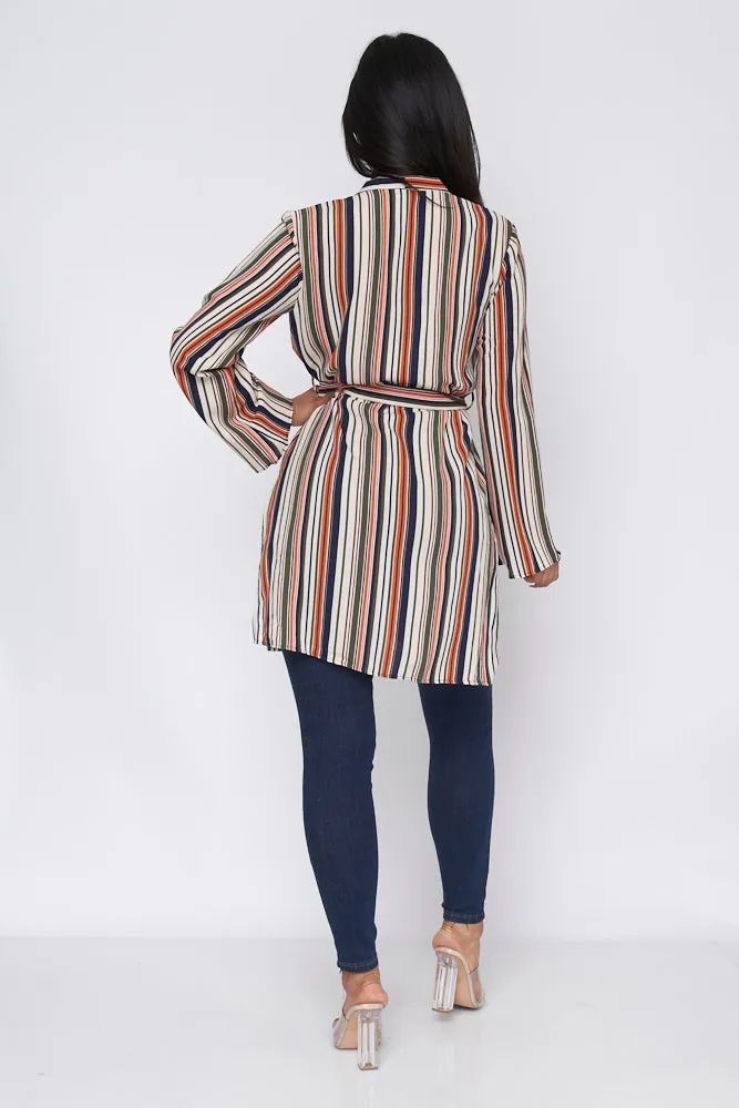 Long Sleeve Multi Color Striped Cardigan with Waist Tie (31750-CH833)