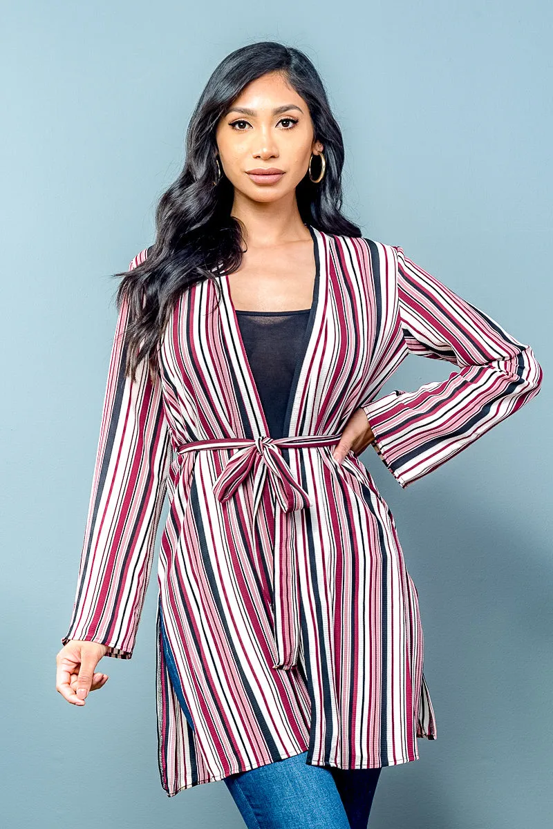 Long Sleeve Multi Color Striped Cardigan with Waist Tie (31750-CH833)