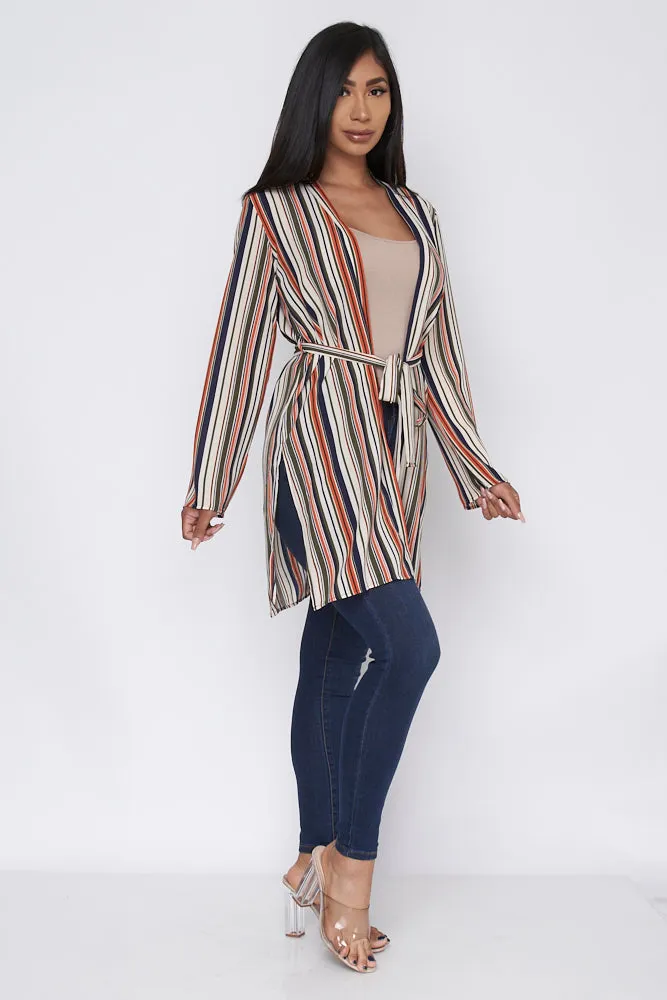 Long Sleeve Multi Color Striped Cardigan with Waist Tie (31750-CH833)