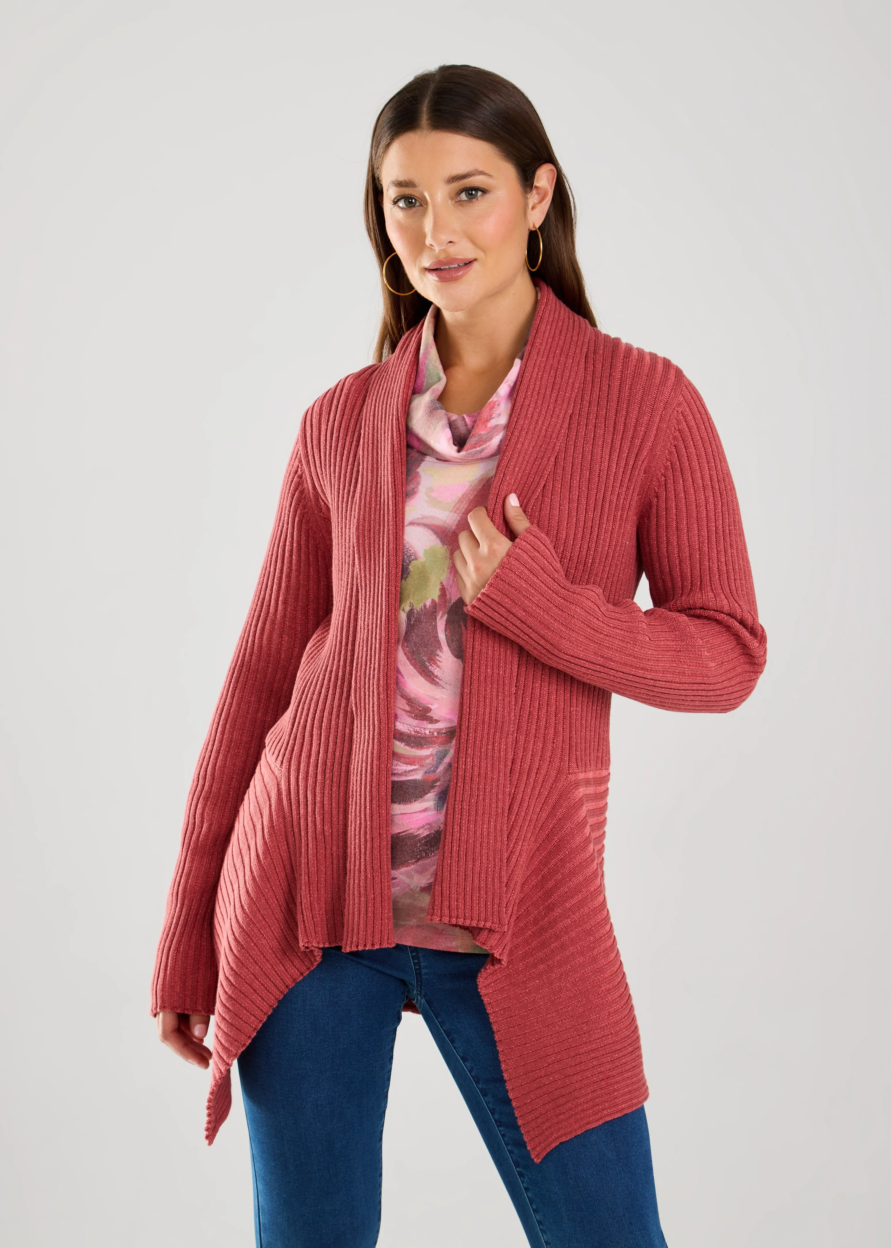 Long-Sleeve Two-Tone Cardigan, Rust red