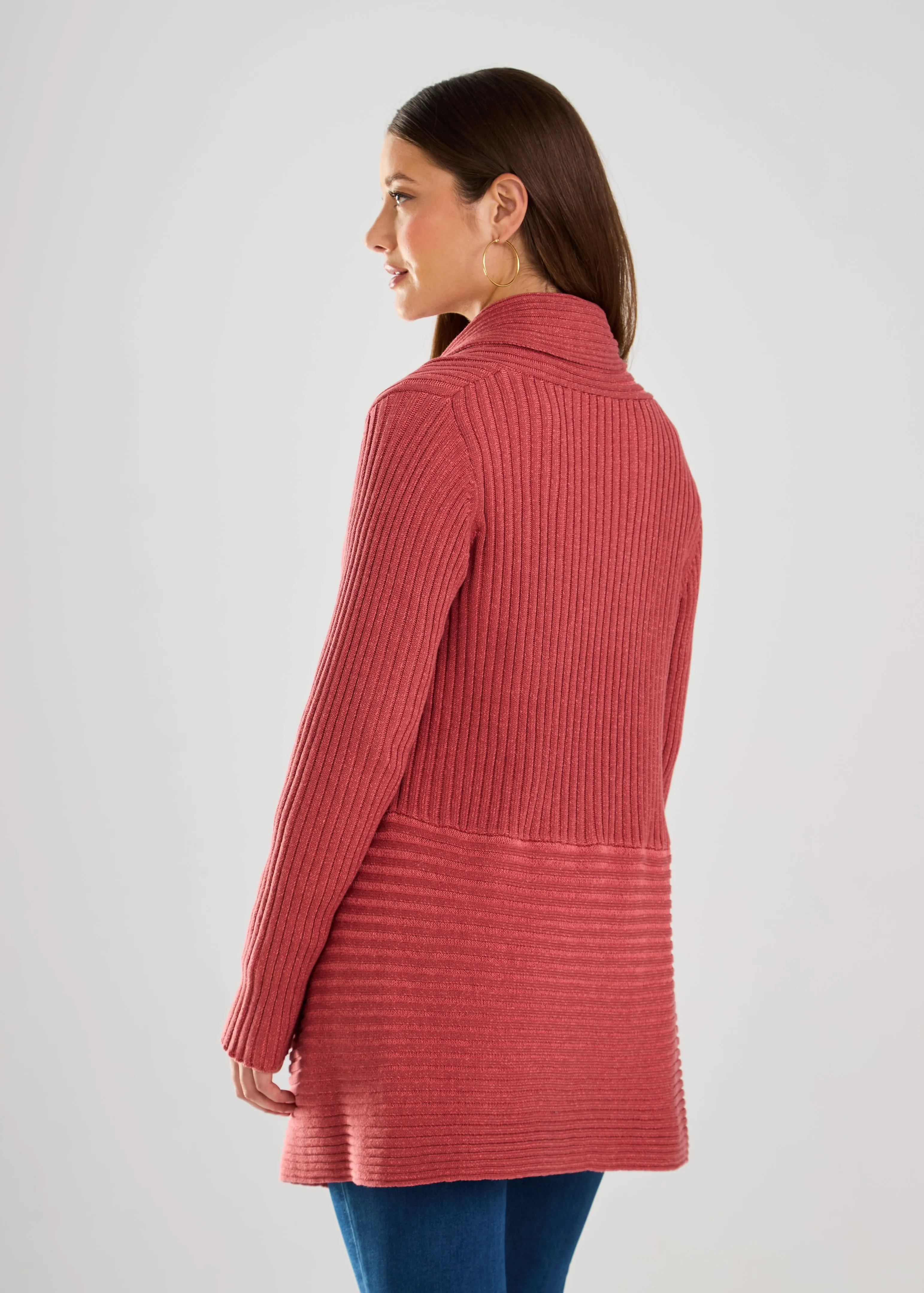 Long-Sleeve Two-Tone Cardigan, Rust red