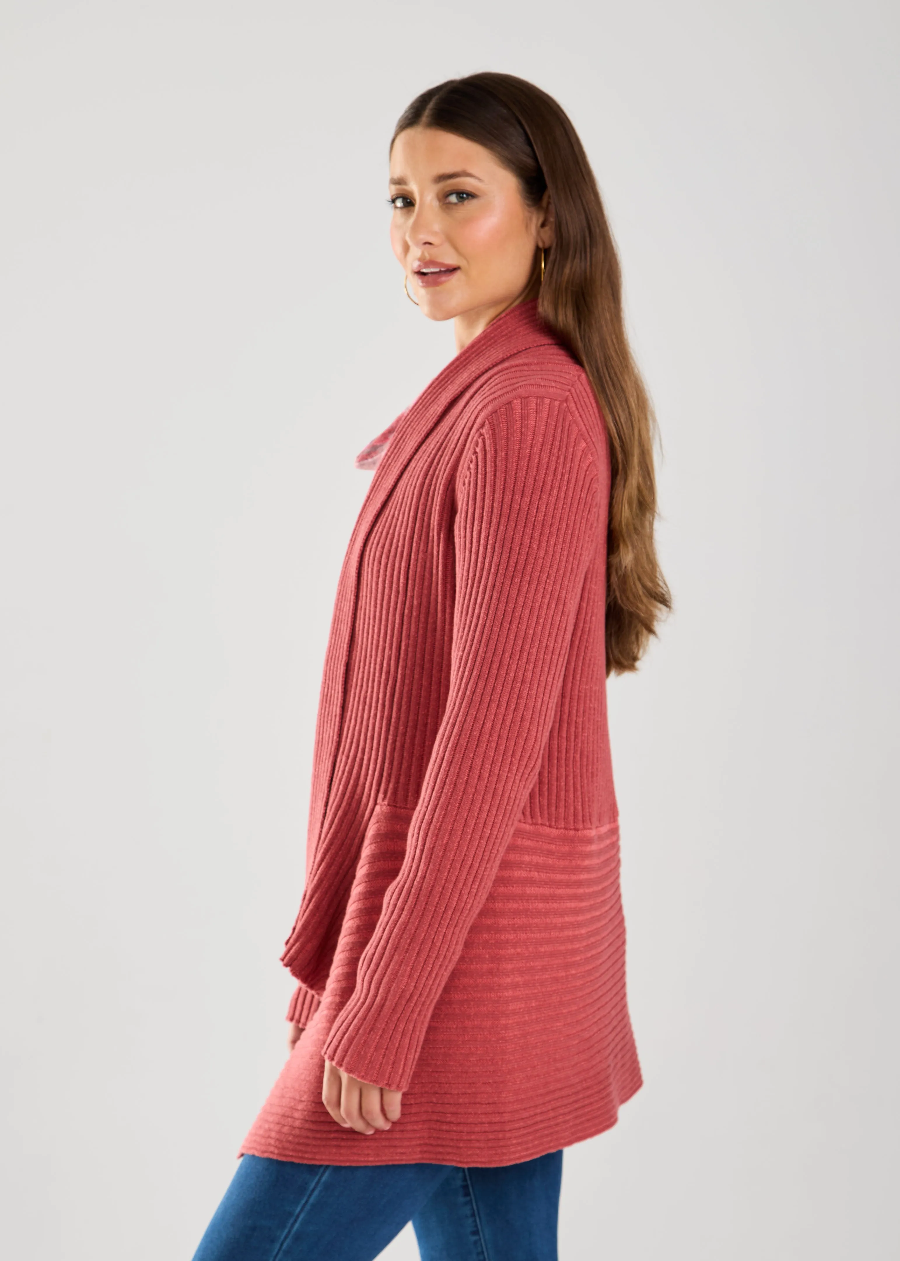 Long-Sleeve Two-Tone Cardigan, Rust red