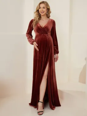 Long Sleeve Velvet V-Neck Front Slit Floor-Length Bump Friendly Dress