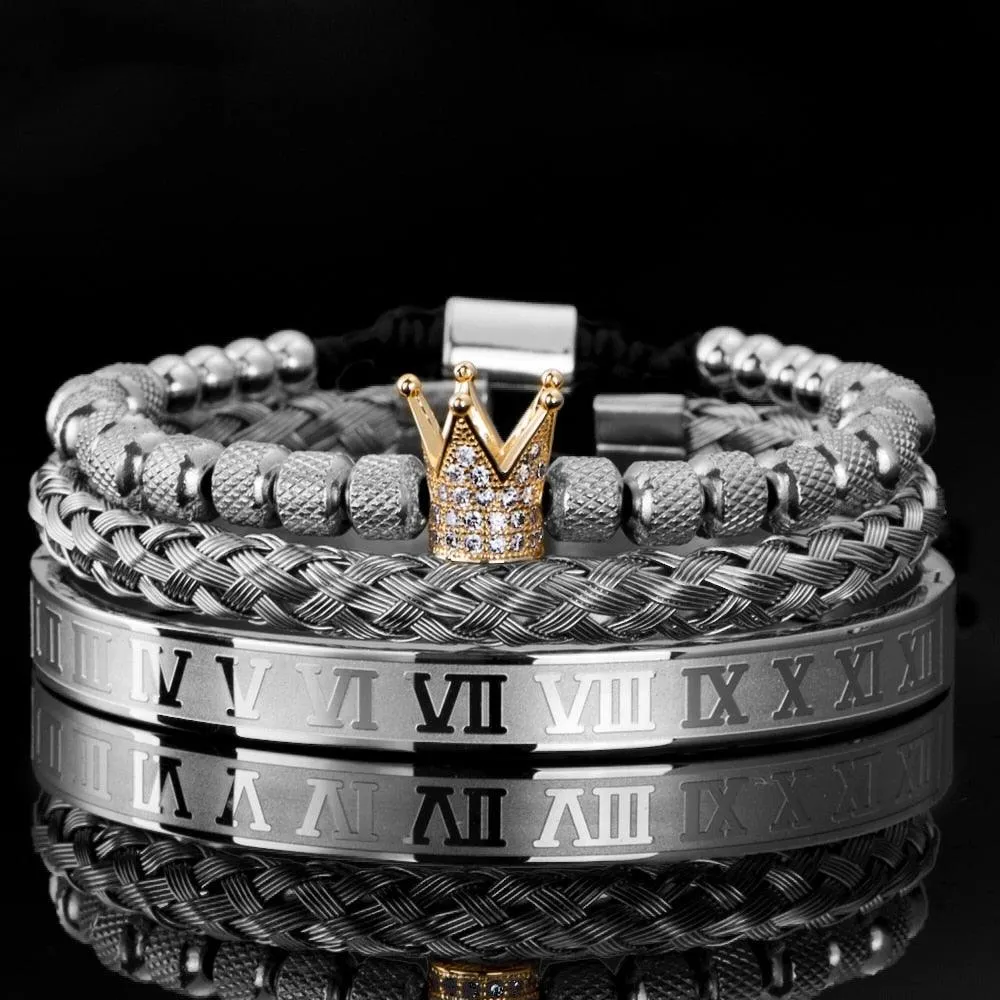 Luxury Micro Pave CZ Crown Roman Royal Charm Men Bracelets, Stainless Steel Crystals Bangles, Couple Handmade Jewelry Gift