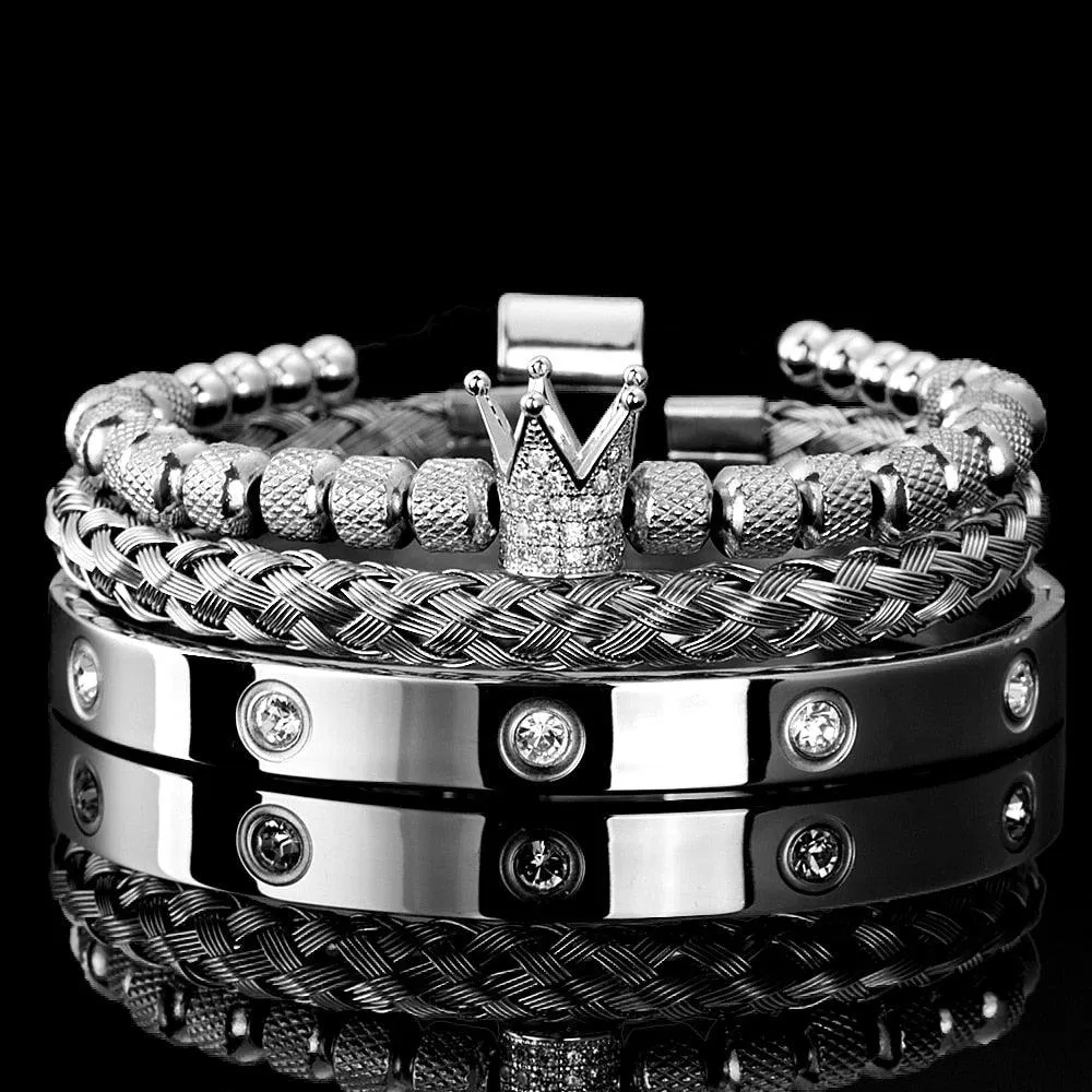 Luxury Micro Pave CZ Crown Roman Royal Charm Men Bracelets, Stainless Steel Crystals Bangles, Couple Handmade Jewelry Gift