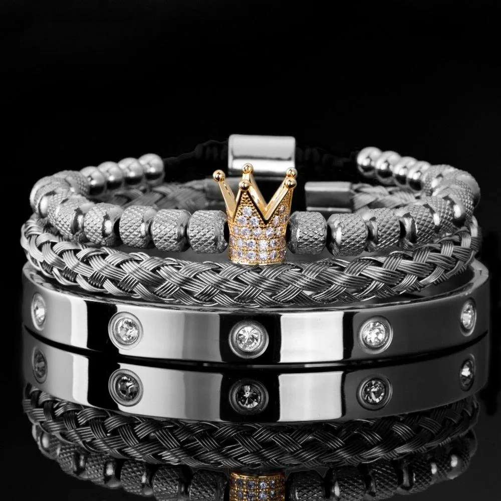 Luxury Micro Pave CZ Crown Roman Royal Charm Men Bracelets, Stainless Steel Crystals Bangles, Couple Handmade Jewelry Gift