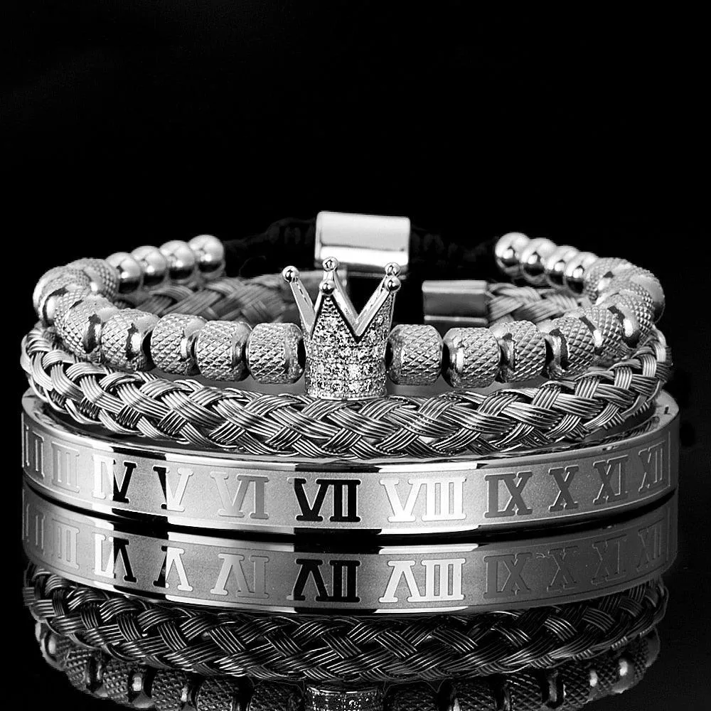 Luxury Micro Pave CZ Crown Roman Royal Charm Men Bracelets, Stainless Steel Crystals Bangles, Couple Handmade Jewelry Gift