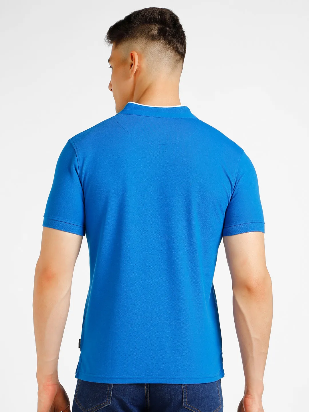 Men's Blue Solid Slim Fit Half Sleeve Cotton Polo T-Shirt with Mandarin Collar