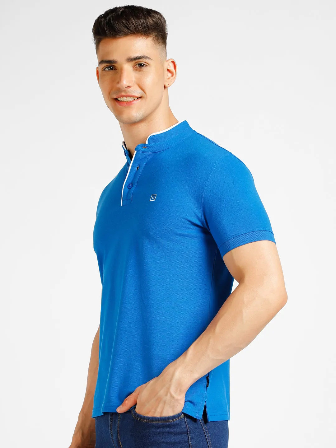 Men's Blue Solid Slim Fit Half Sleeve Cotton Polo T-Shirt with Mandarin Collar