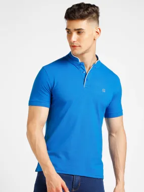 Men's Blue Solid Slim Fit Half Sleeve Cotton Polo T-Shirt with Mandarin Collar