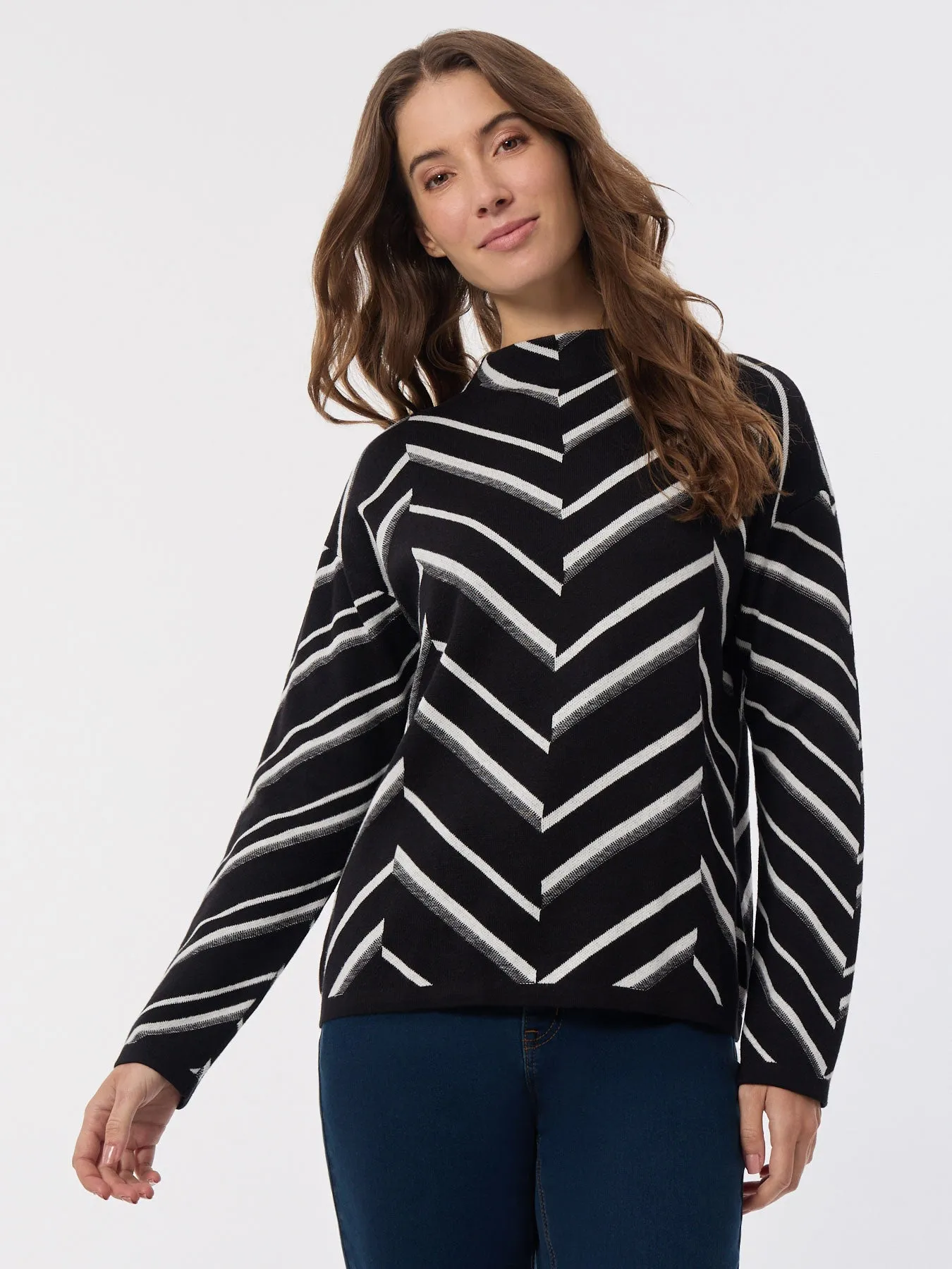 Mock Neck Chevron Jacquard Sweater