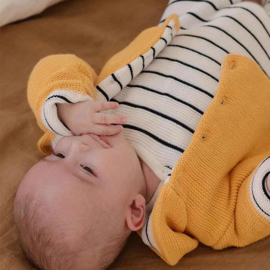 Mustard Knitted Jacket with Breton Stripe