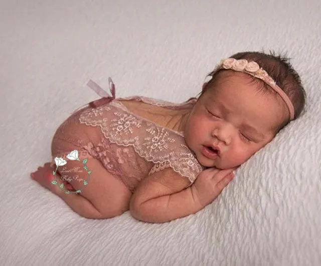 Newborn Baby Photography Props Costume, Lace Romper With Headband, Reborn Baby Lace Romper Photo Prop