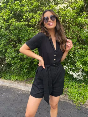 Nikita Black Linen Blend Shirt Style Playsuit