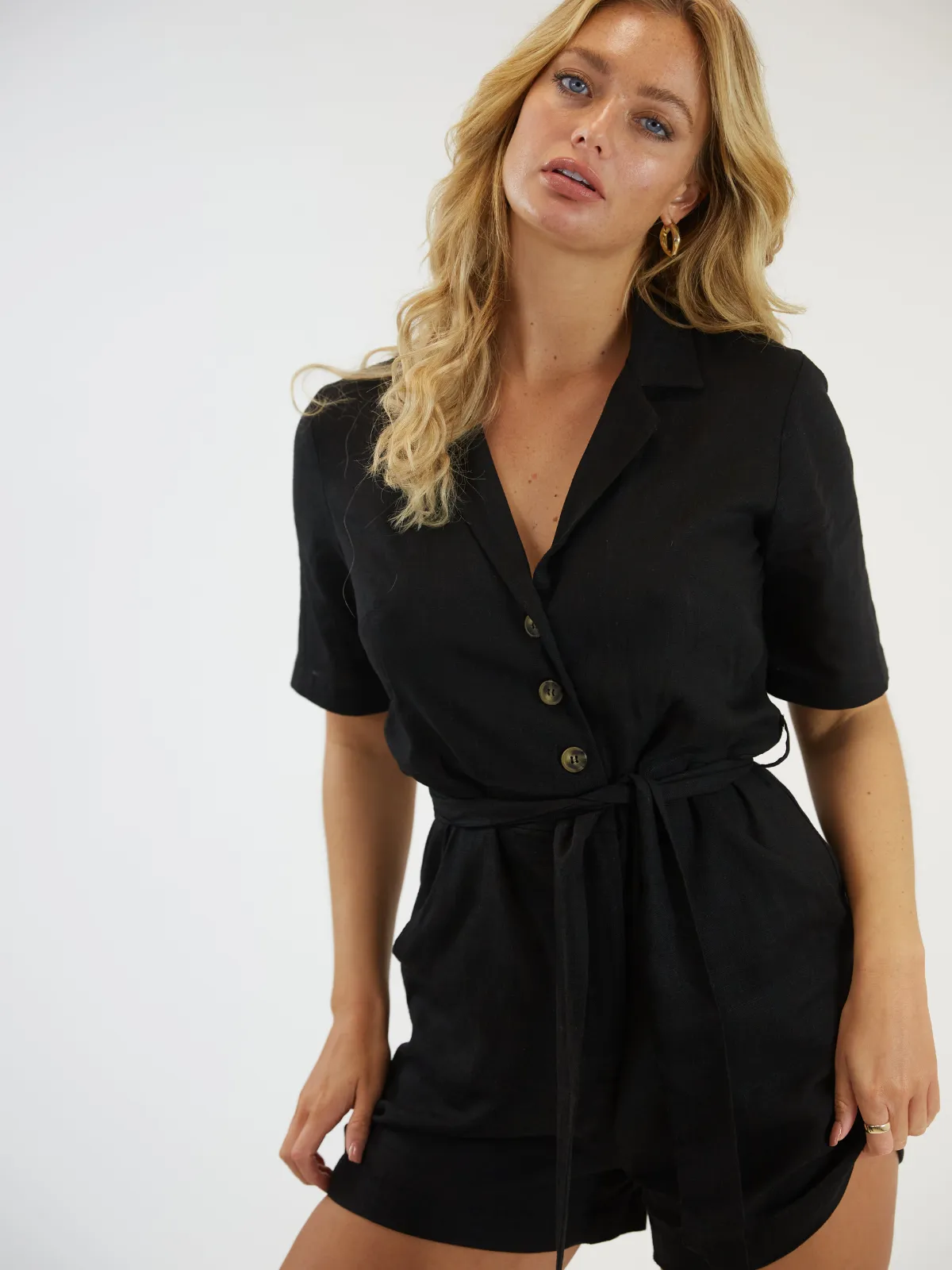 Nikita Black Linen Blend Shirt Style Playsuit