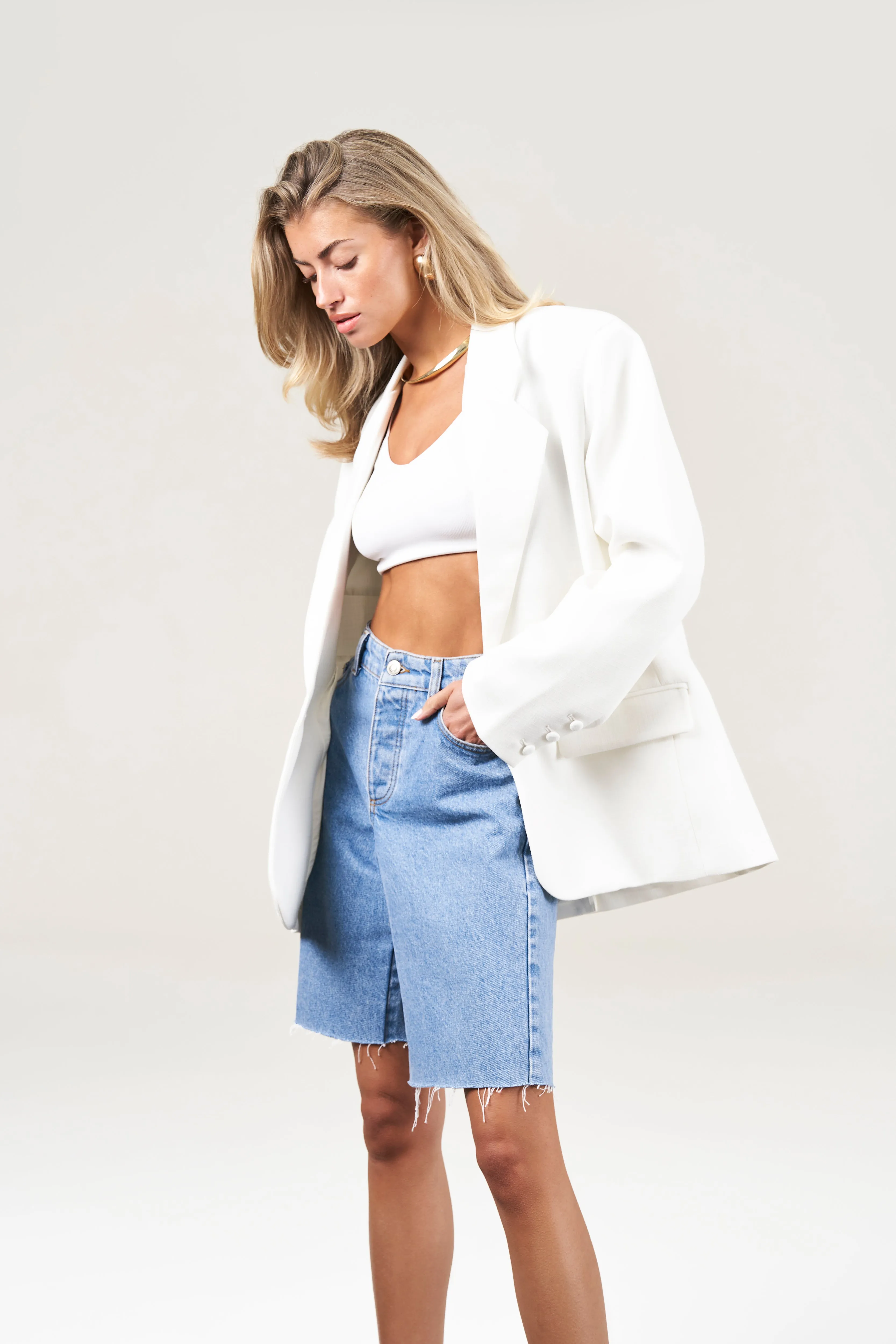 OVERSIZED TEXTURED TAILORED BLAZER - OFF WHITE