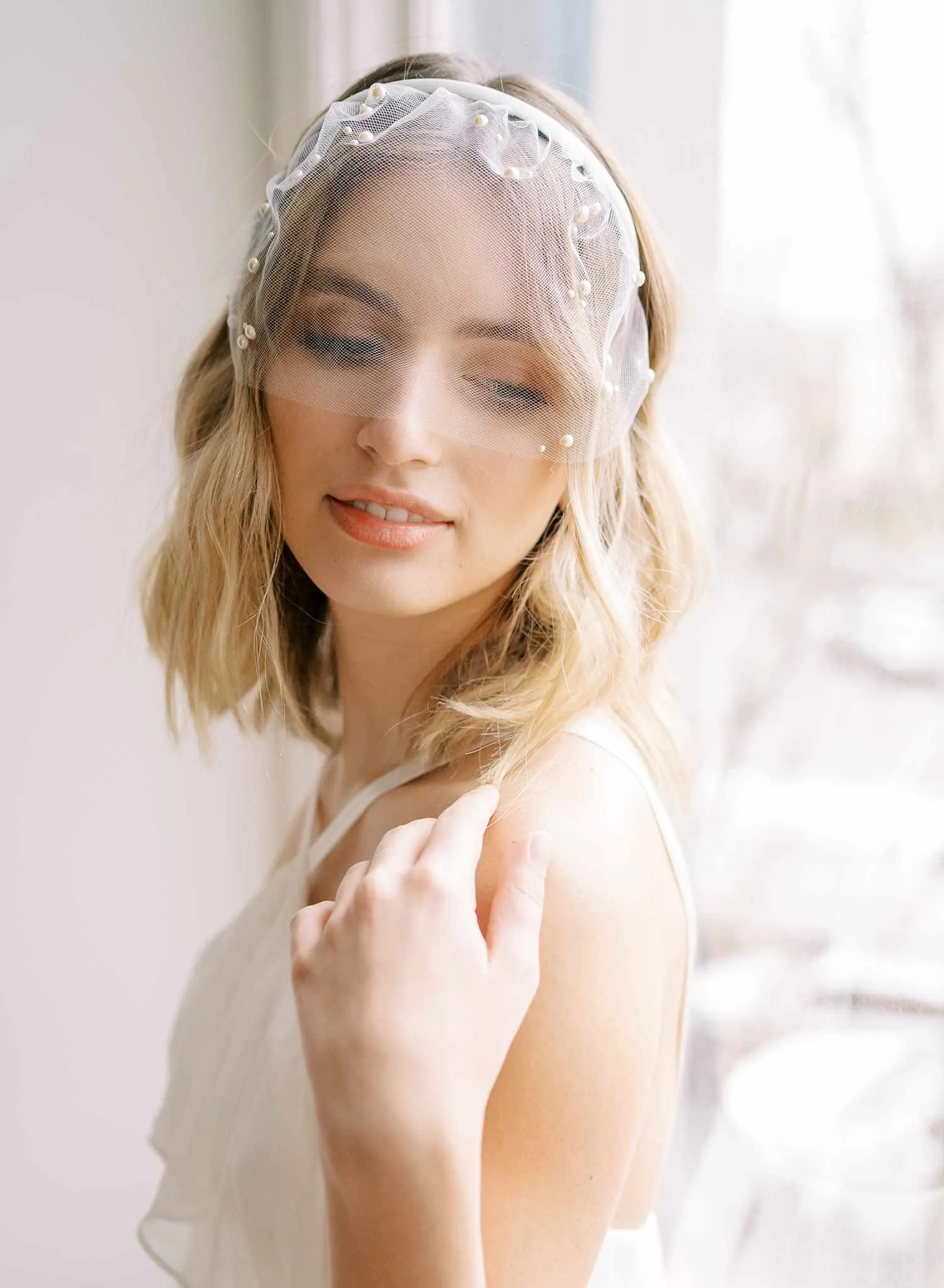 Pearl adorned tulle headband veil - Style #2443