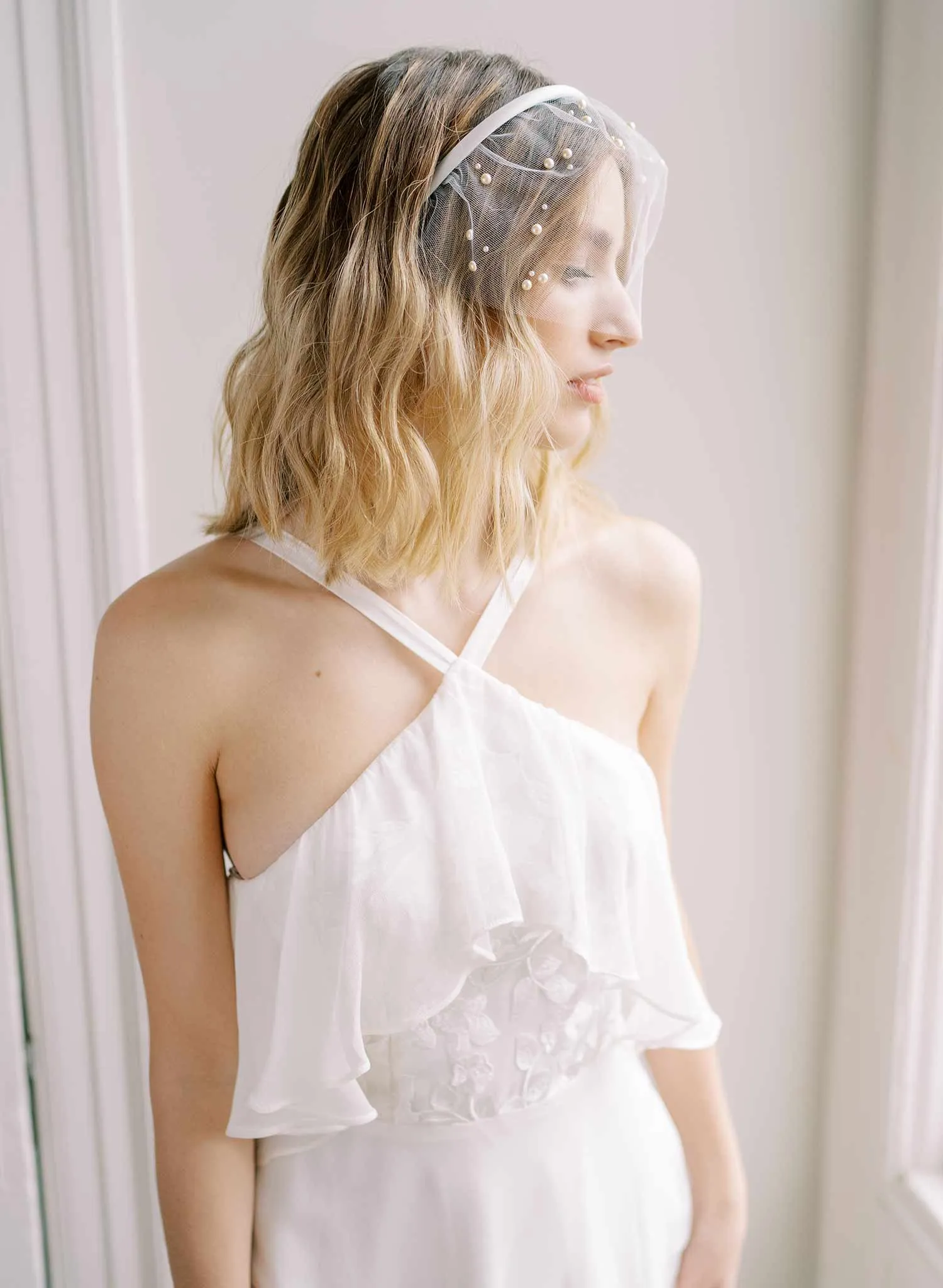 Pearl adorned tulle headband veil - Style #2443