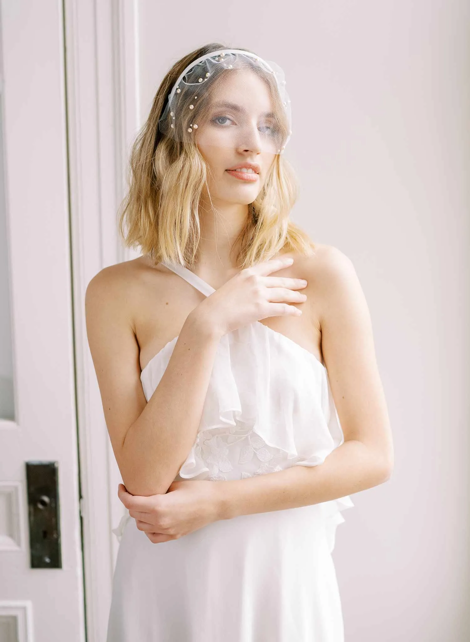 Pearl adorned tulle headband veil - Style #2443