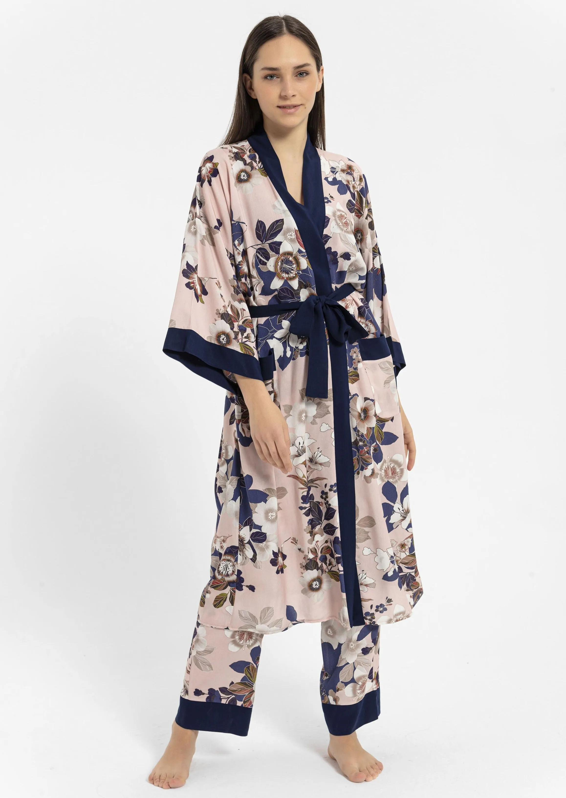 Pembe çiçek desenli Elissa Kimono