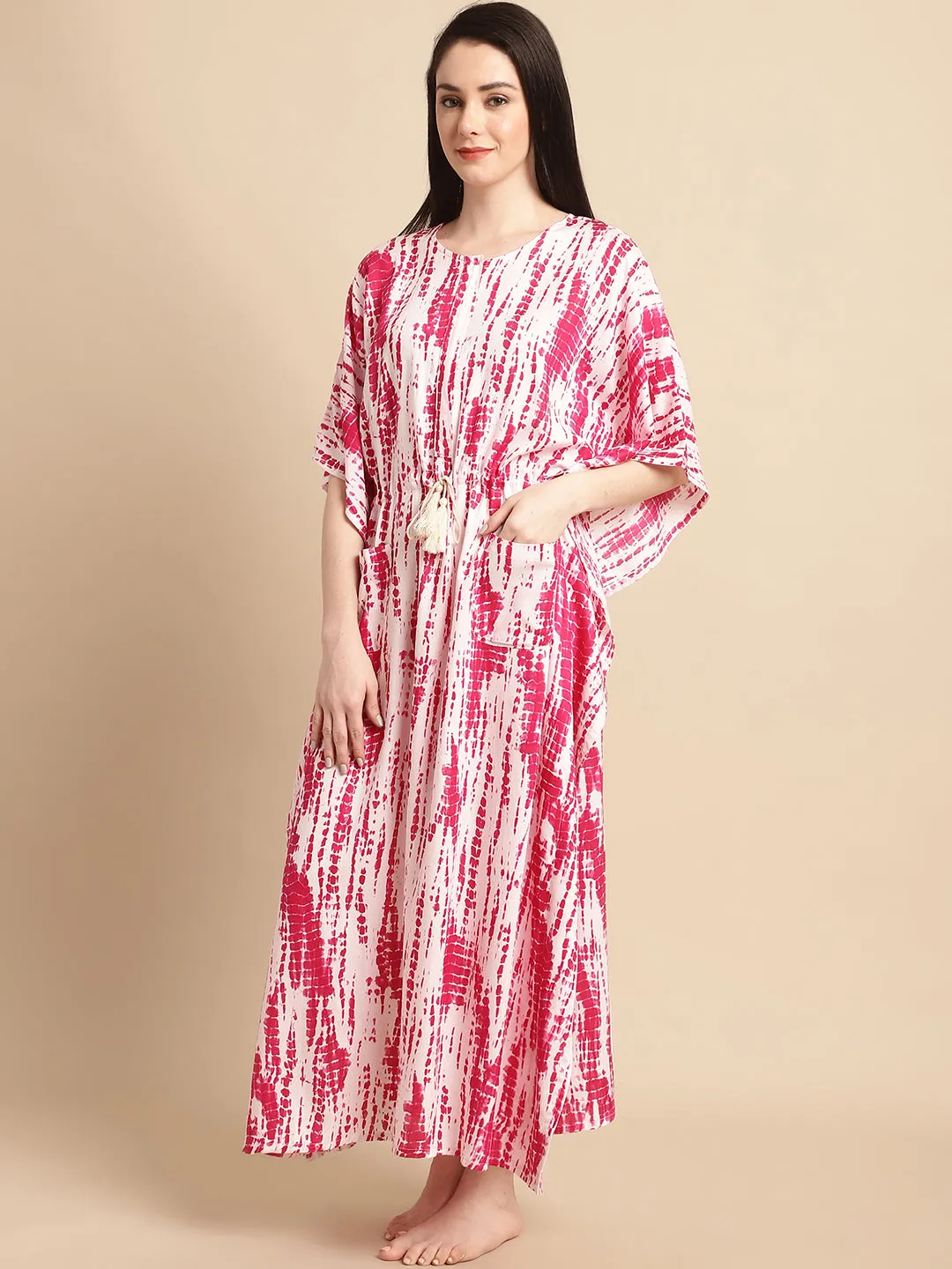 Pink Tie and Dye Print Rayon Kaftan