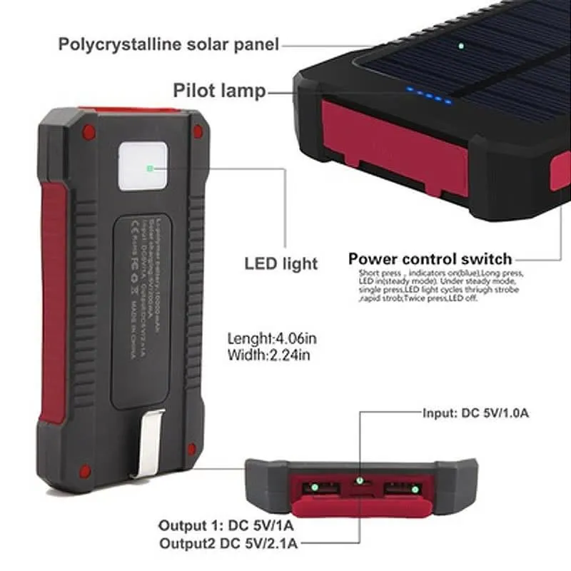 Portable 10,000mAH Waterproof / Shockproof Solar Dual-USB Charger and LED Light