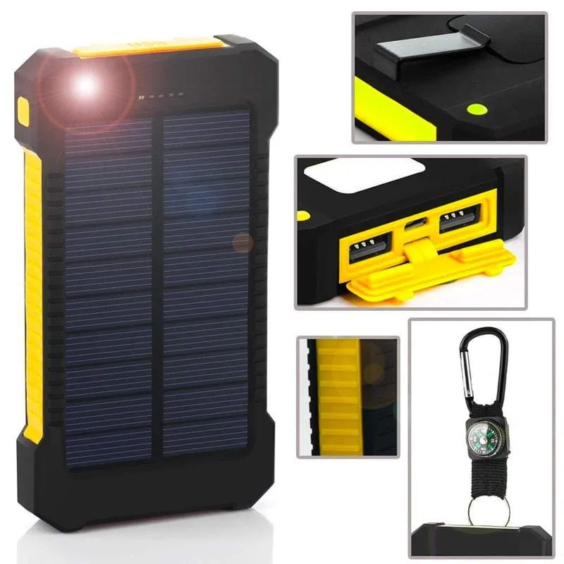 Portable 10,000mAH Waterproof / Shockproof Solar Dual-USB Charger and LED Light