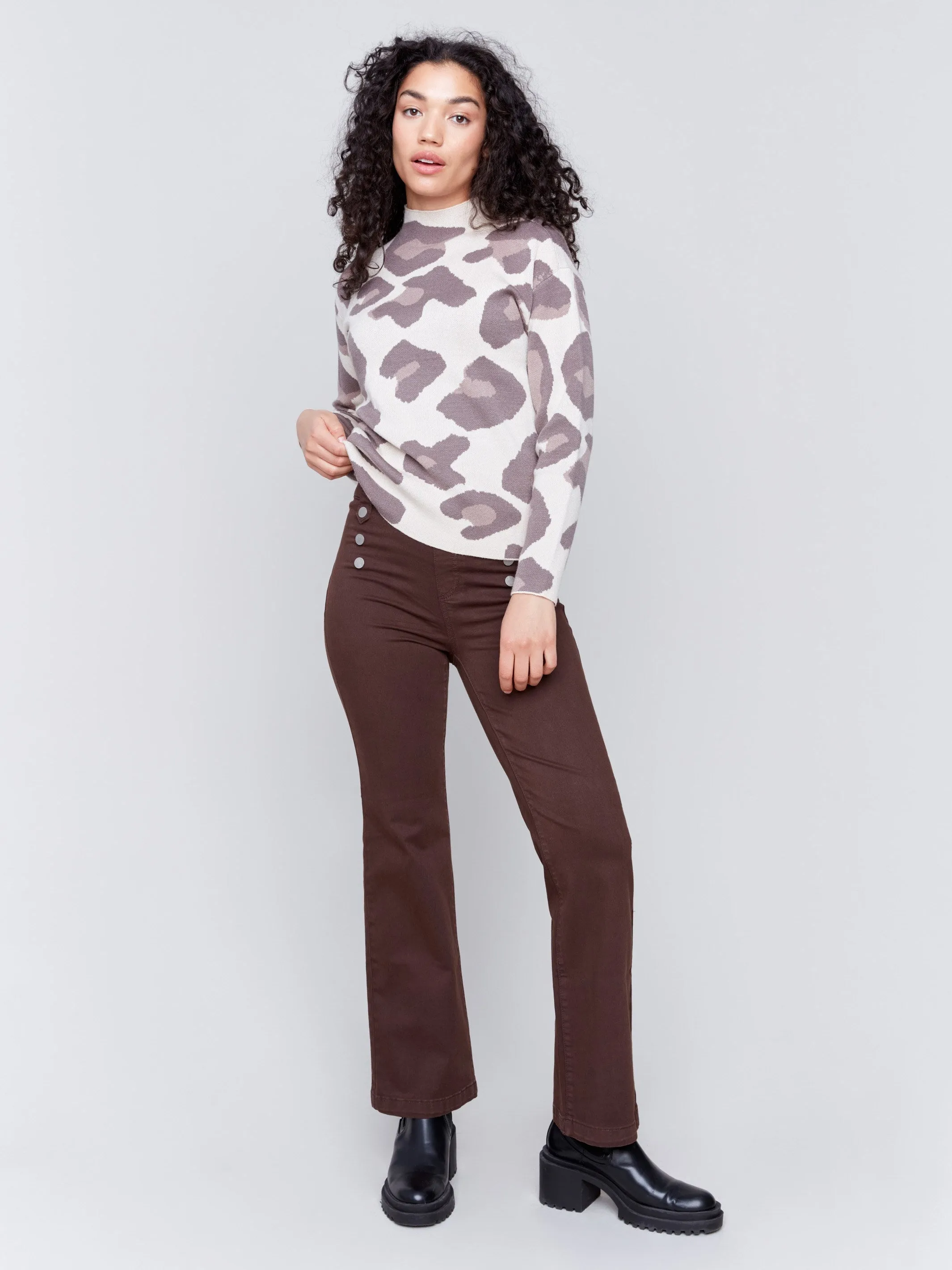 Pull-On Flare Twill Pants with Front Buttons - Mocha