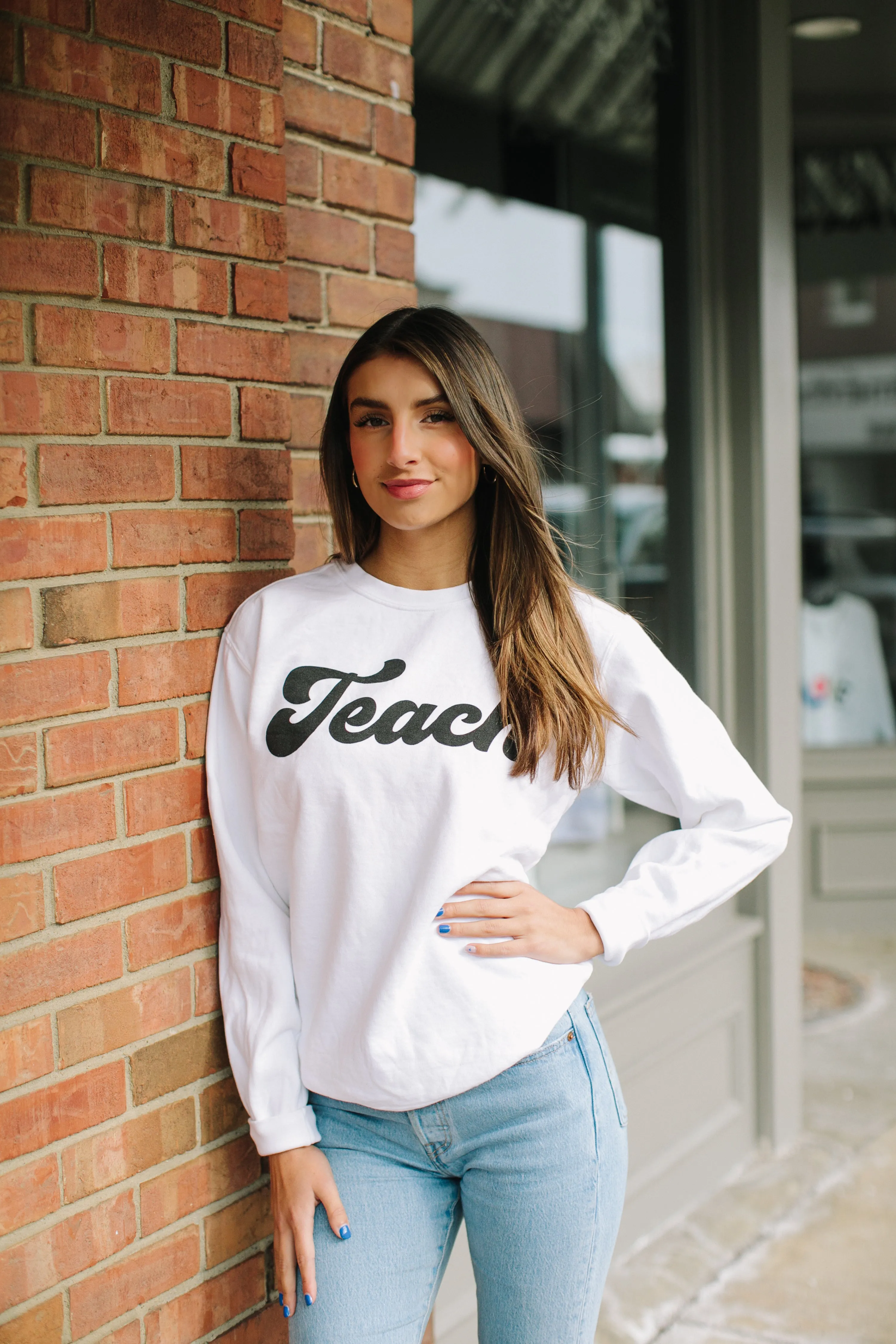 "The Melanie" Schoolgirl Style - Teach Sweatshirt {WHITE} - Puff print