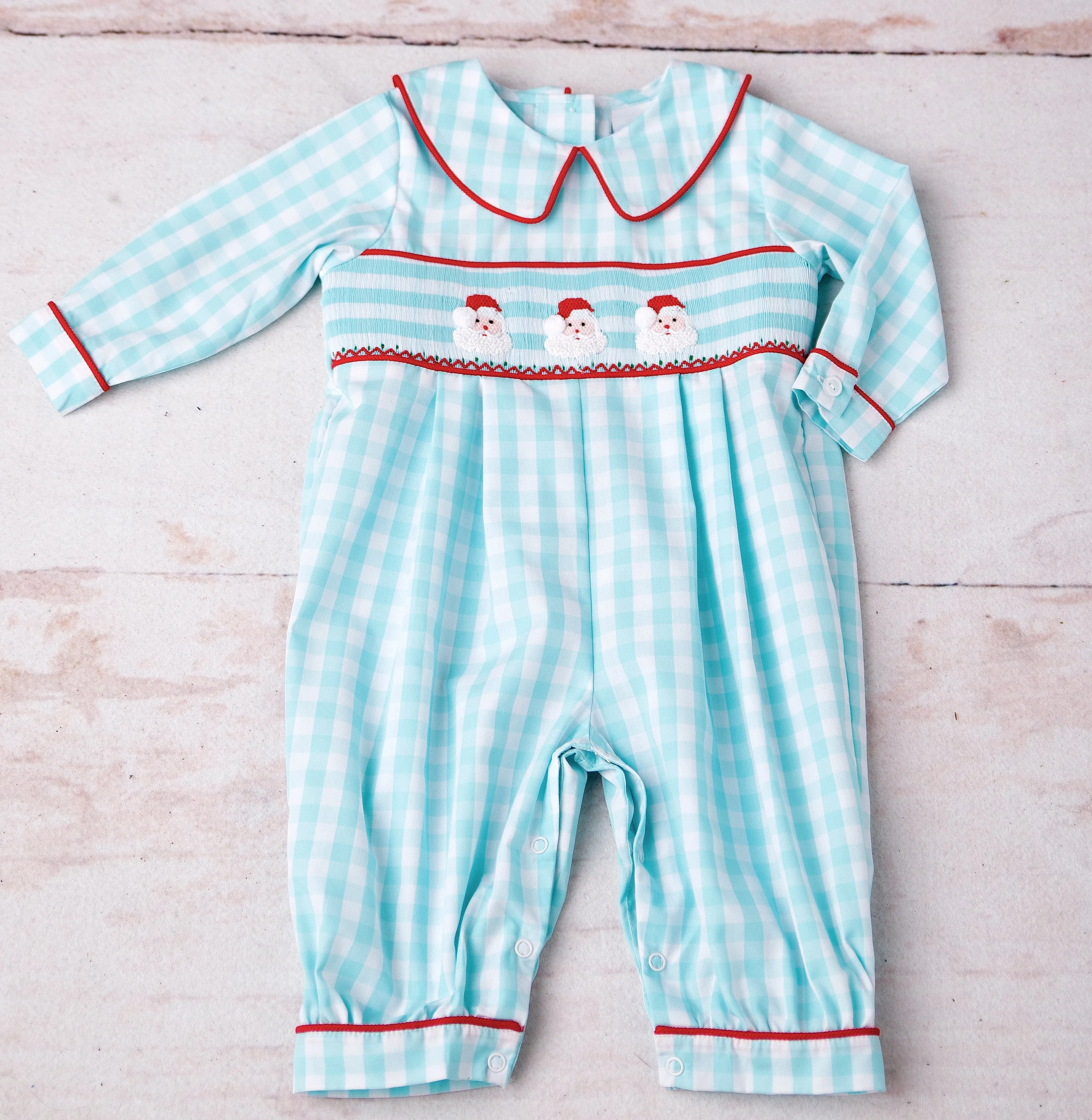 SANTA SMOCKED COLLARED BOY ROMPER AQUA GINGHAM