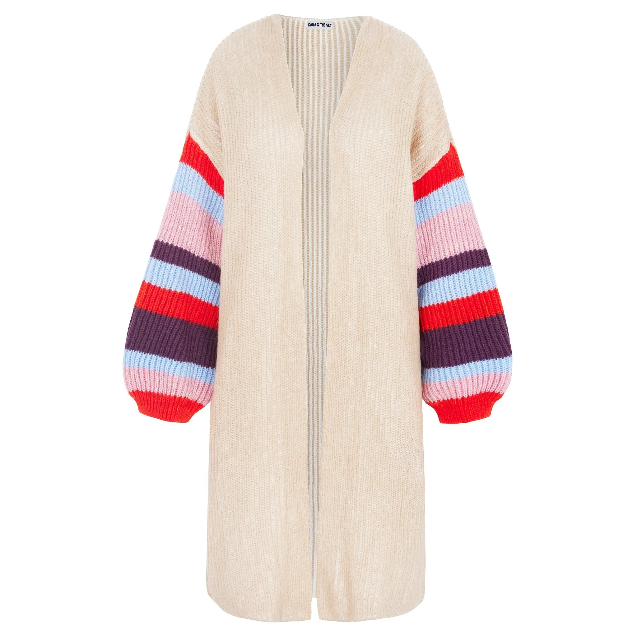 Suzie Stripe Sleeve Midi Knit Cardigan - Biscuit