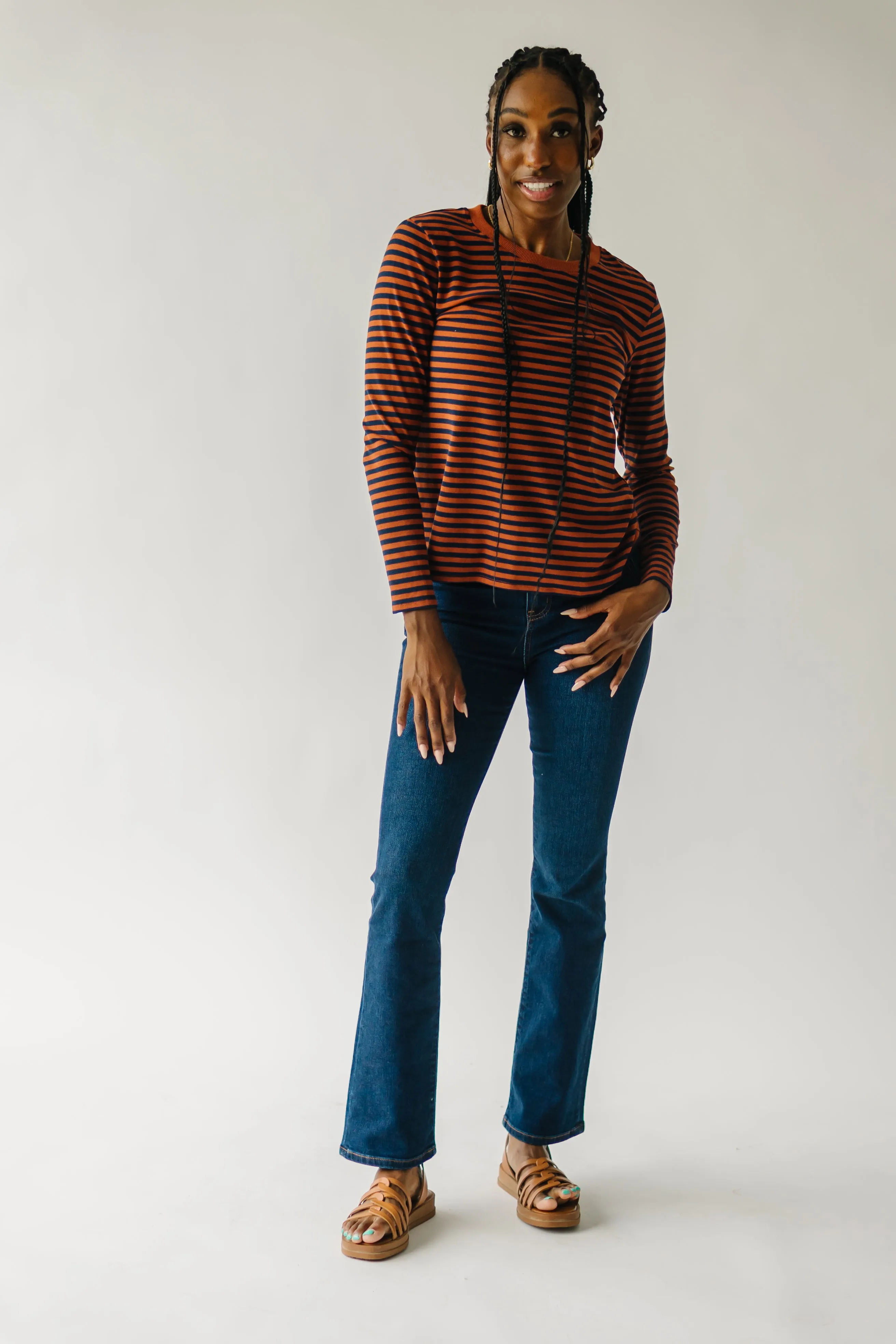 The Camden Knit Tee in Rust   Navy Stripe