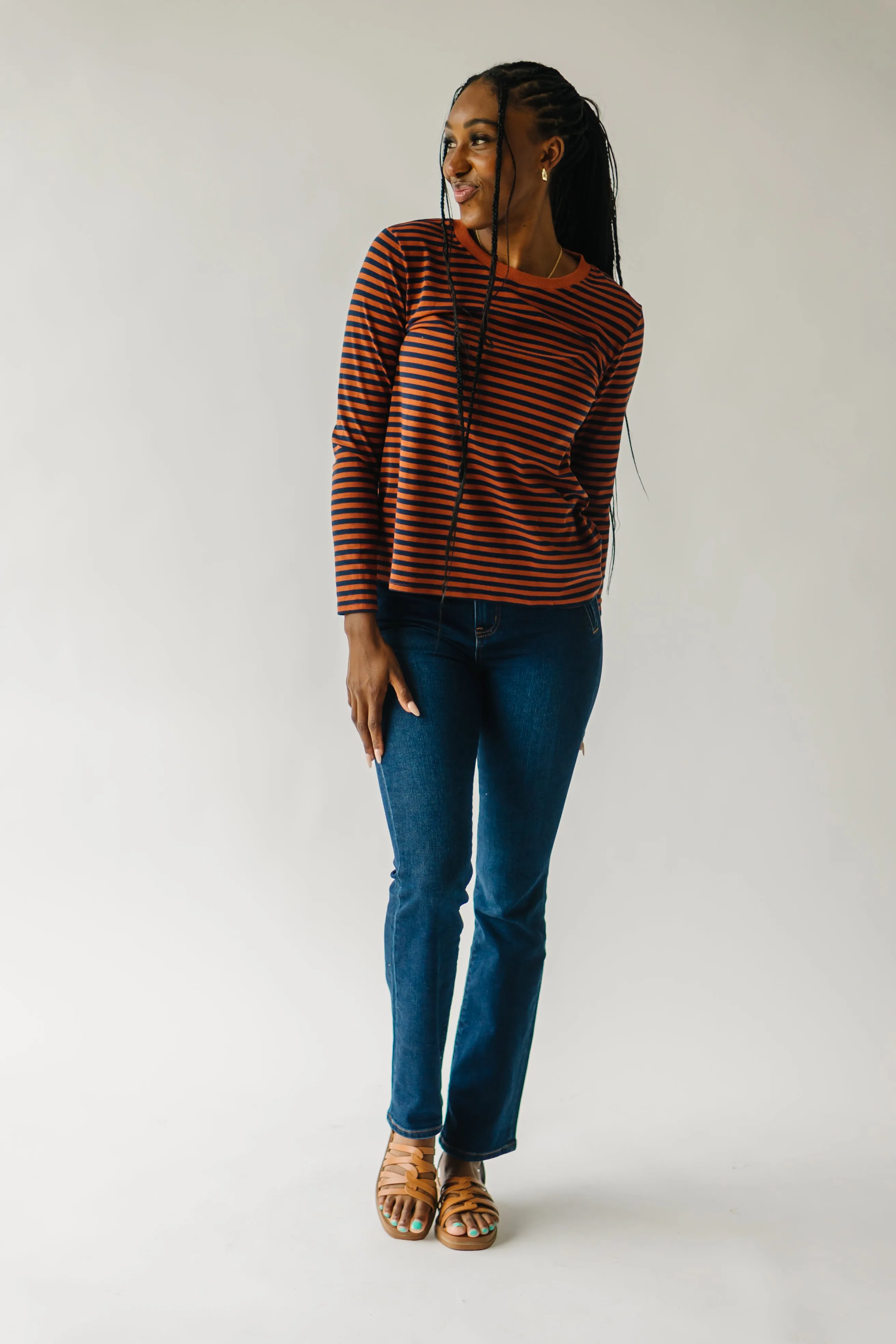 The Camden Knit Tee in Rust   Navy Stripe