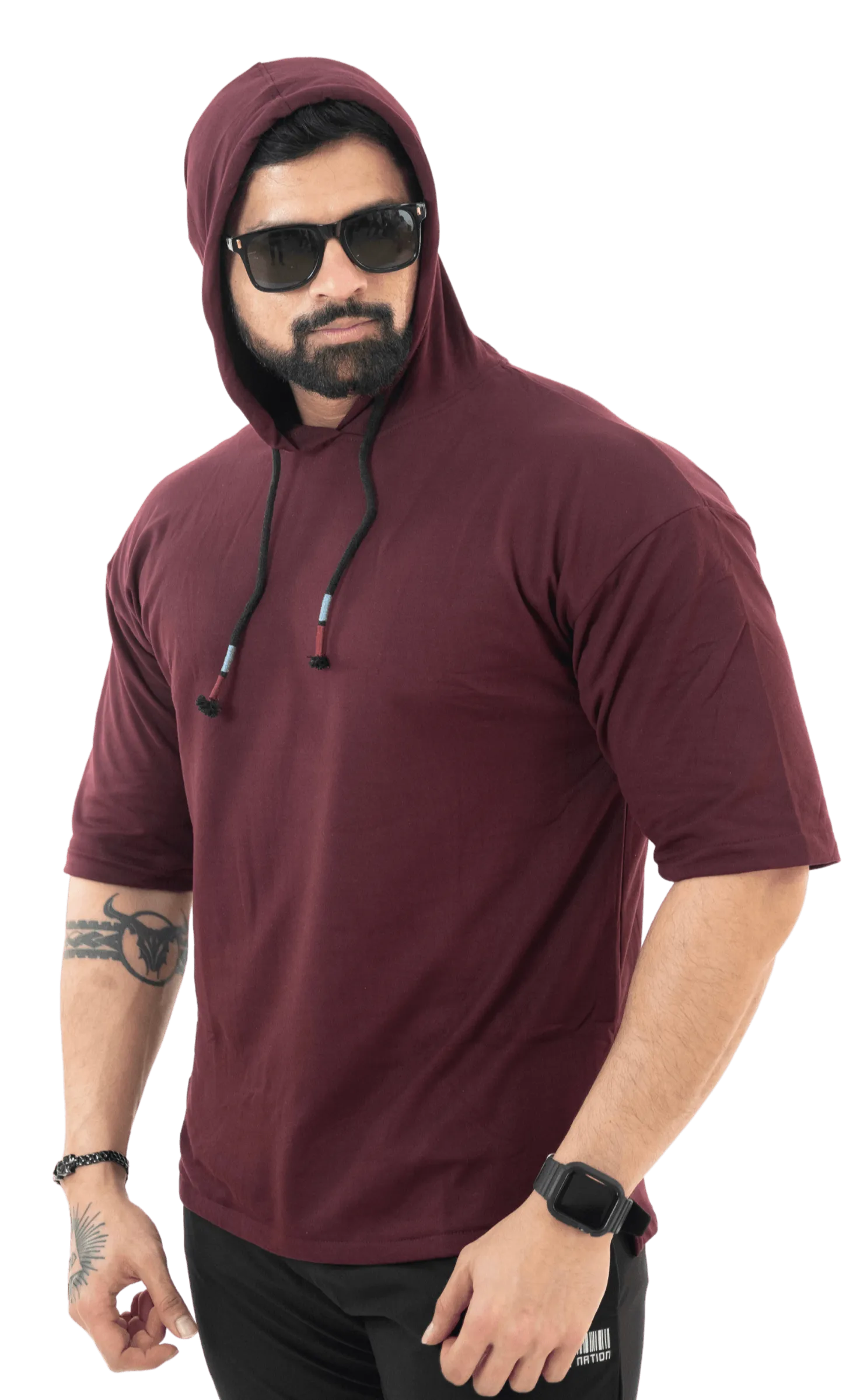 THiNK Men's Wine Red Drop Sleeves Hoodie