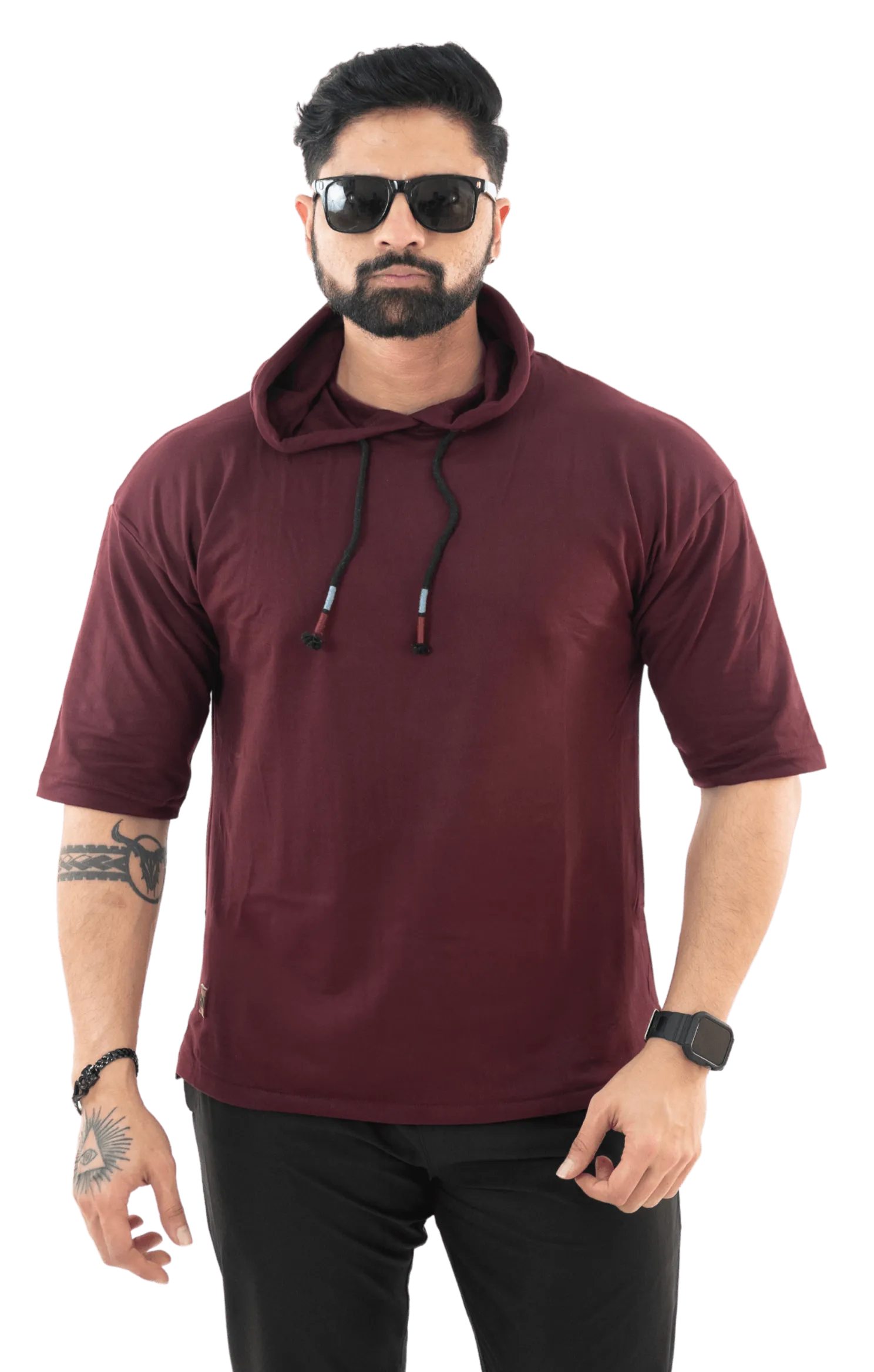 THiNK Men's Wine Red Drop Sleeves Hoodie