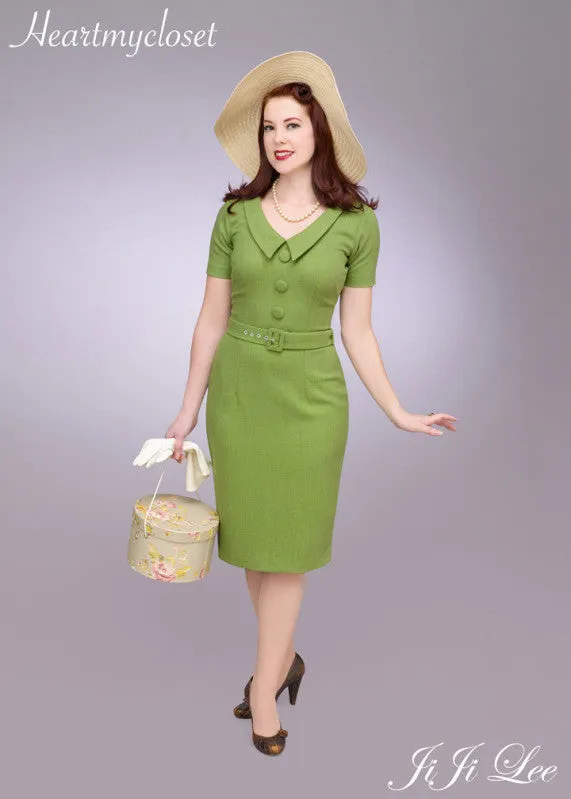 Vanessa - retro wiggle dress with V neck and covered buttons