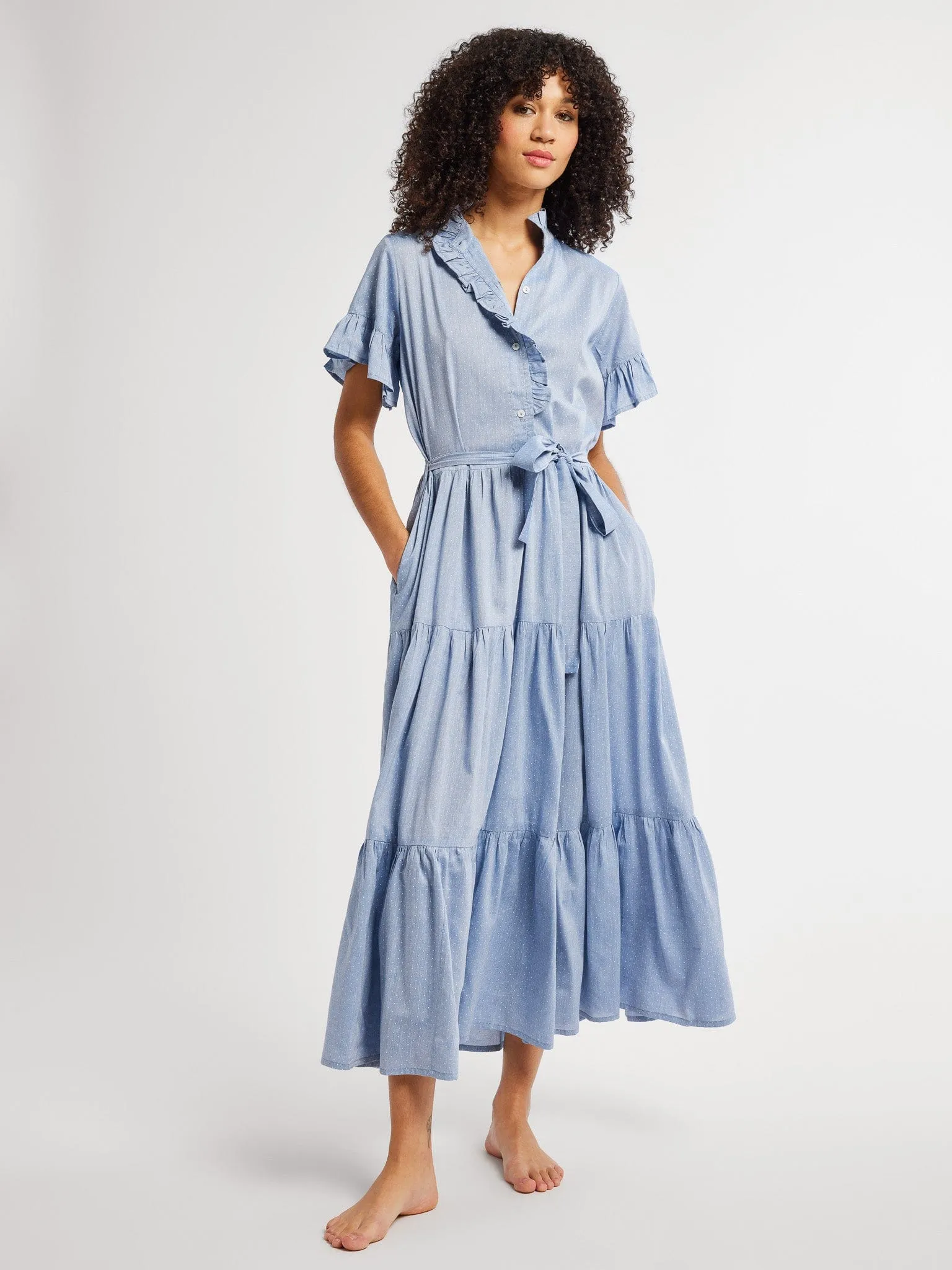 Victoria Dress in Chambray Polka Dot