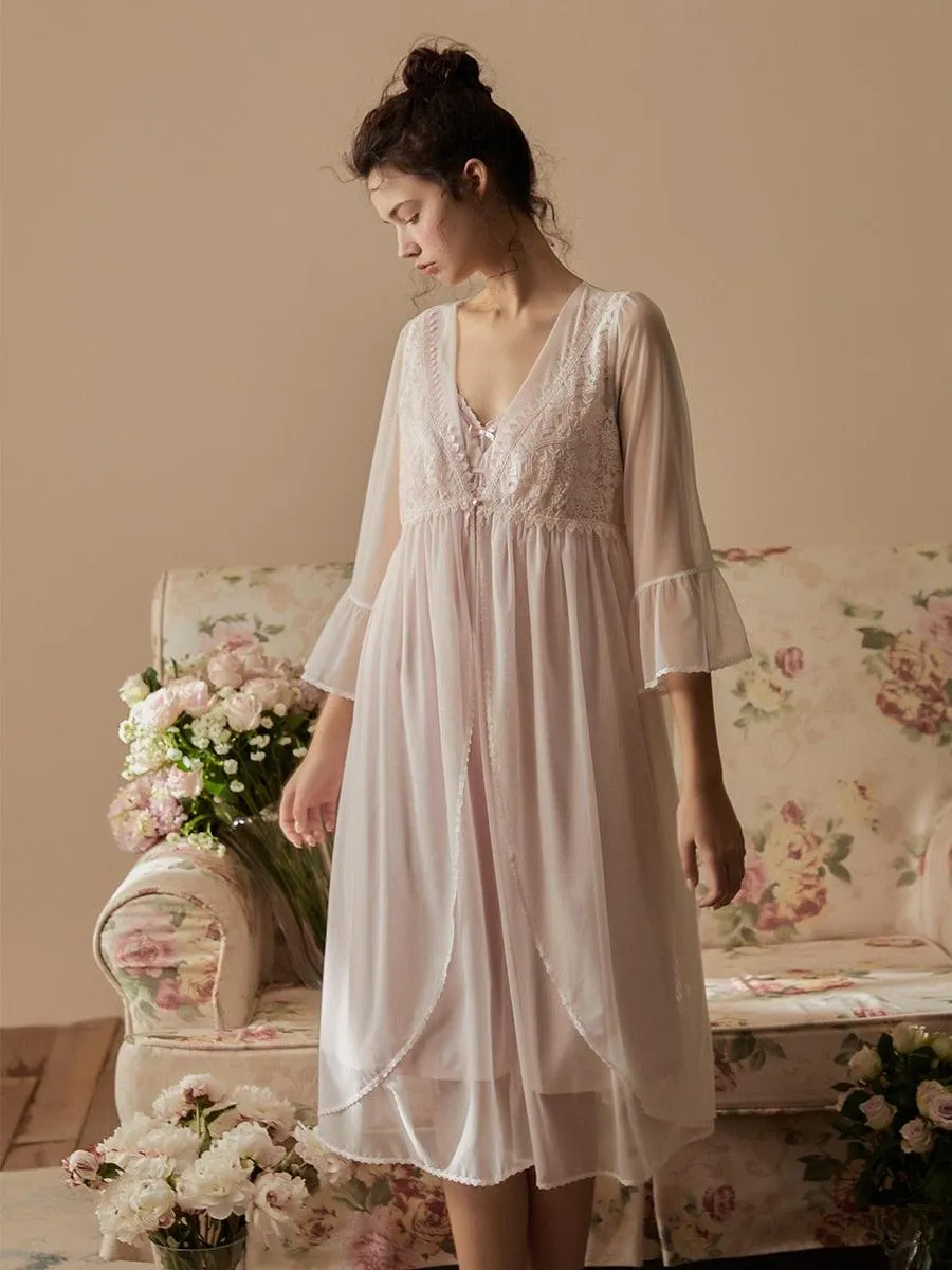 Vintage Delicate Robe Sets V-neck Long Sleeve Embroidery Lace, Victorian Nightgown