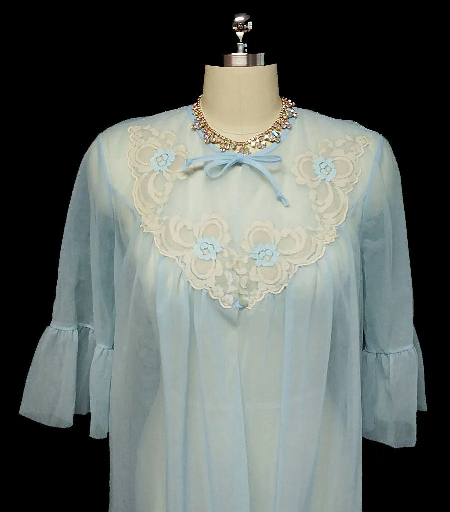 *VINTAGE FANCY DEENA IVORY & BLUE LACE APPLIQUES PEIGNOIR IN NEPTUNE