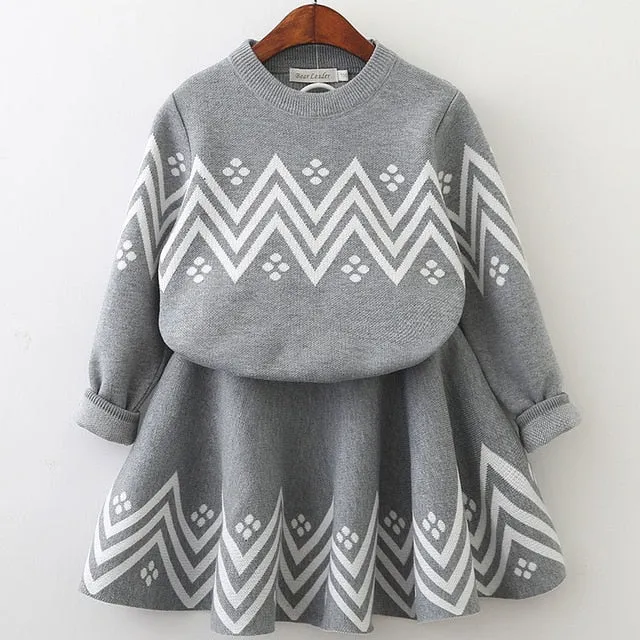 Winter Geometric Pattern Dress Long Sleeve Girls Clothes Top Coat  Tutu Dress Sweater Knitwear 2pcs